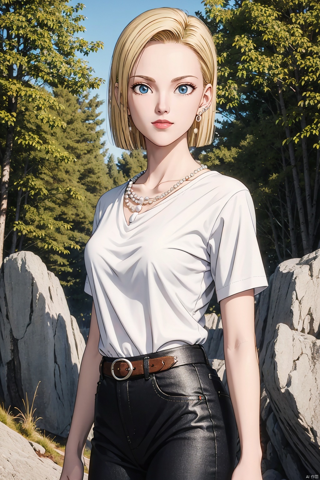  best quality, hyper realism, (ultra high resolution), masterpiece, 8K, RAWPhoto,1girl,,android 18, 1girl, solo, jewelry, blonde hair, earrings, short hair, necklace, blue eyes,, upper body,, rock, seductive smile,pearl necklace, white shirt,looking at viewer, , hyper_galaxy,plateau,forest, ,((upper body,)) ,,((full body,)) ,