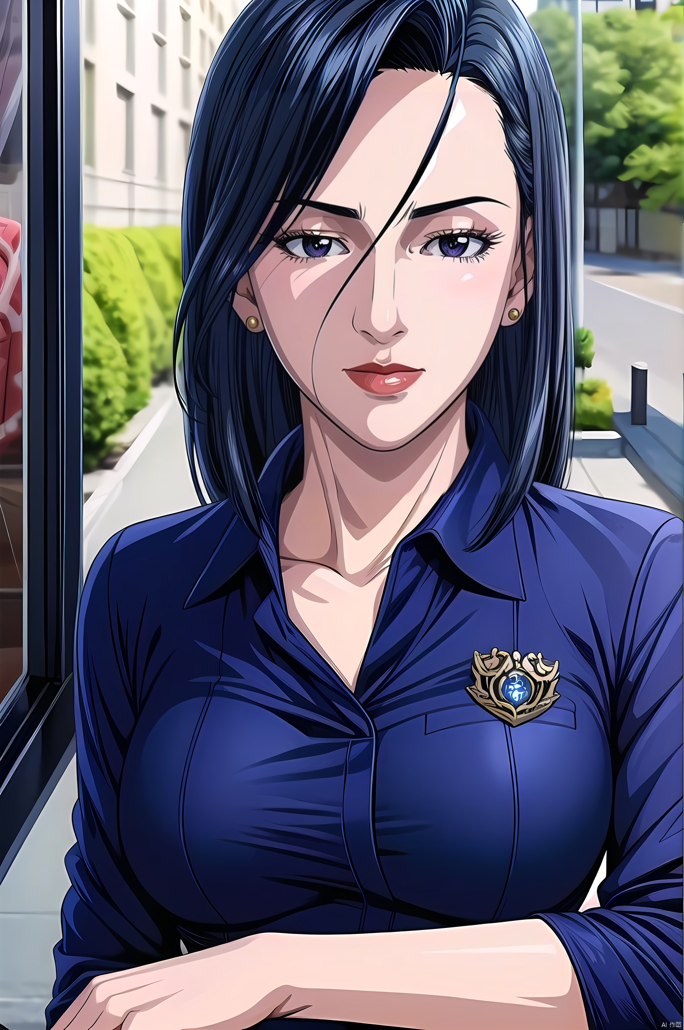 Saeko, 1girl, solo, black hair, uniform, blinds, long hair, black eyes, police, police uniform, shirt, earrings, upper body, lipstick, jewelry, computer, policewoman, nice hands, Beautiful long legs,  Beautiful body,  Beautiful character design, perfect balance,  looking at viewer,  closed mouth,  official art,  extremely detailed CG unity 8k wallpaper,  perfect lighting,  Colorful,  White skin,  (masterpiece:1),  (best_quality:1),  ultra high res,  4K,  ultra-detailed,  photography,  8K,  HDR,  highres,  absurdres:1.2,  Kodak portra 400,  film grain,  blurry background,  bokeh:1.2,  lens flare,  (vibrant_color:1.2),  professional photograph,  (beautiful_face:1.5),  (narrow_waist),  dark studio, , Saeko
