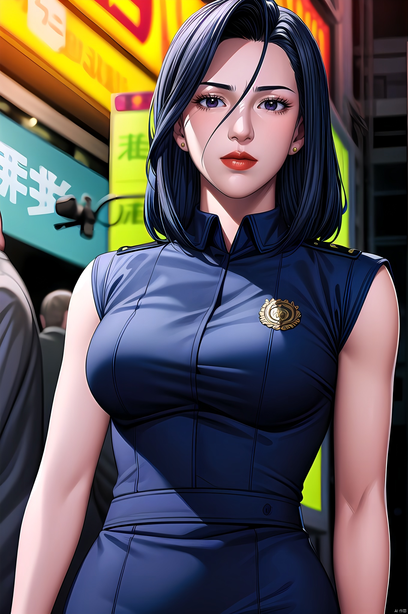 Saeko, 1girl, solo, black hair, uniform, blinds, long hair, black eyes, police, police uniform, shirt, earrings, cowboy_shot, lipstick, jewelry, computer, policewoman, nice hands, Beautiful long legs,  Beautiful body,  Beautiful character design, perfect balance,  looking at viewer,  closed mouth,  official art,  extremely detailed CG unity 8k wallpaper,  perfect lighting,  Colorful,  White skin,  (masterpiece:1),  (best_quality:1),  ultra high res,  4K,  ultra-detailed,  photography,  8K,  HDR,  highres,  absurdres:1.2,  Kodak portra 400,  film grain,  blurry background,  bokeh:1.2,  lens flare,  (vibrant_color:1.2),  professional photograph,  (beautiful_face:1.5),  (narrow_waist),  dark studio, , Saeko, dark studio