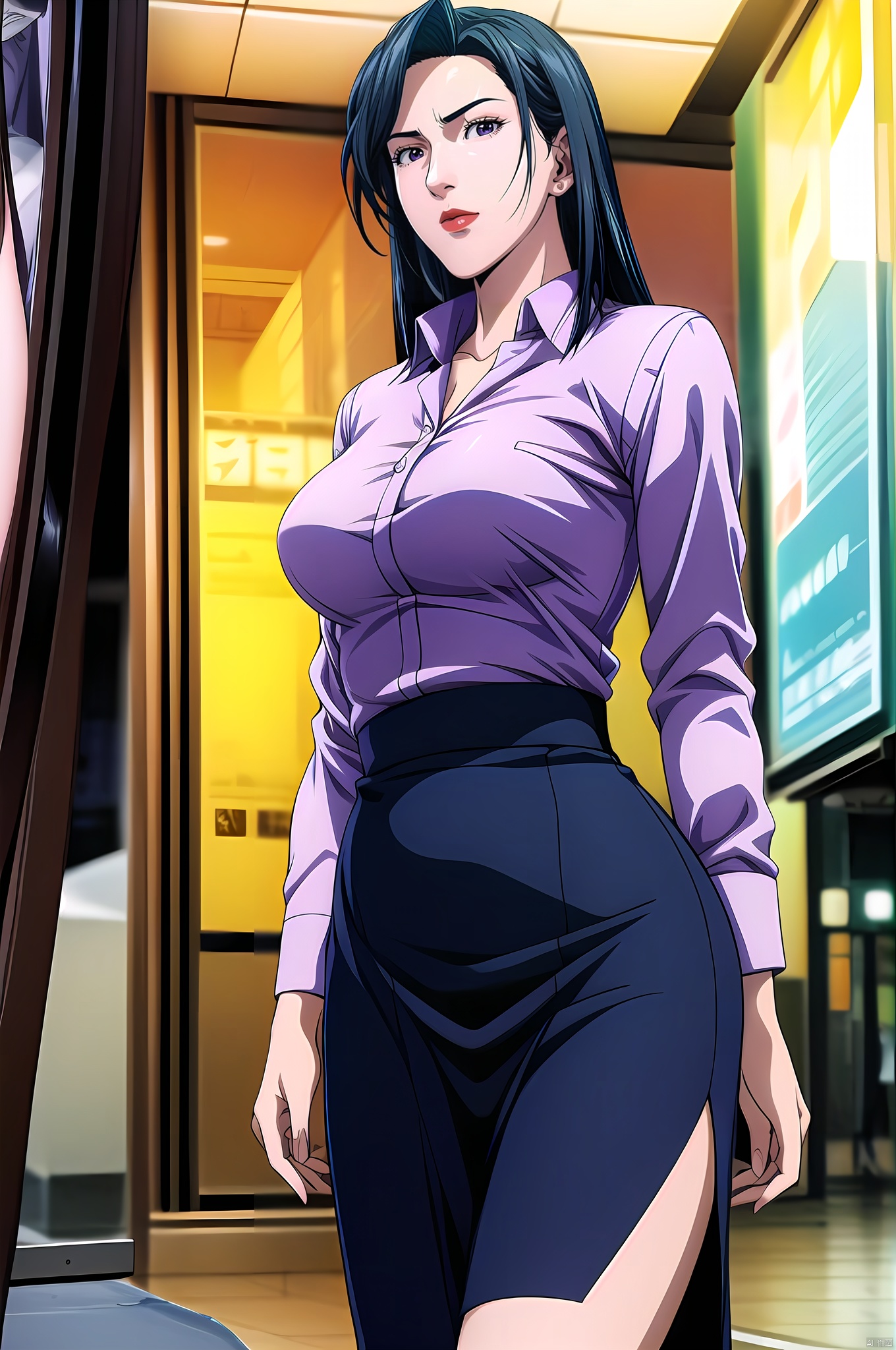 Saeko, 1girl, solo, skirt, black hair, bag, slippers, pencil skirt, sleeves rolled up, long hair, shirt, standing, cowboy_shot,nice hands, Beautiful long legs,  Beautiful body,  Beautiful character design, perfect balance,  looking at viewer,  closed mouth,  official art,  extremely detailed CG unity 8k wallpaper,  perfect lighting,  Colorful,  White skin,  (masterpiece:1),  (best_quality:1),  ultra high res,  4K,  ultra-detailed,  photography,  8K,  HDR,  highres,  absurdres:1.2,  Kodak portra 400,  film grain,  blurry background,  bokeh:1.2,  lens flare,  (vibrant_color:1.2),  professional photograph,  (beautiful_face:1.5),  (narrow_waist),  dark studio, , Saeko, dark studio
