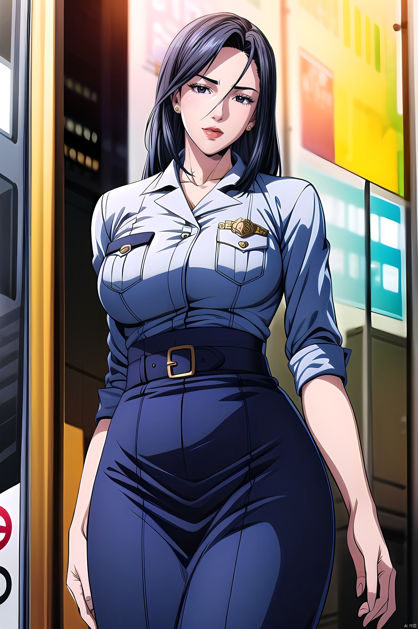 Saeko, 1girl, solo, black hair, uniform, blinds, long hair, black eyes, police, police uniform, shirt, earrings, cowboy_shot, lipstick, jewelry, computer, policewoman, nice hands, Beautiful long legs,  Beautiful body,  Beautiful character design, perfect balance,  looking at viewer,  closed mouth,  official art,  extremely detailed CG unity 8k wallpaper,  perfect lighting,  Colorful,  White skin,  (masterpiece:1),  (best_quality:1),  ultra high res,  4K,  ultra-detailed,  photography,  8K,  HDR,  highres,  absurdres:1.2,  Kodak portra 400,  film grain,  blurry background,  bokeh:1.2,  lens flare,  (vibrant_color:1.2),  professional photograph,  (beautiful_face:1.5),  (narrow_waist),  dark studio, , Saeko, dark studio