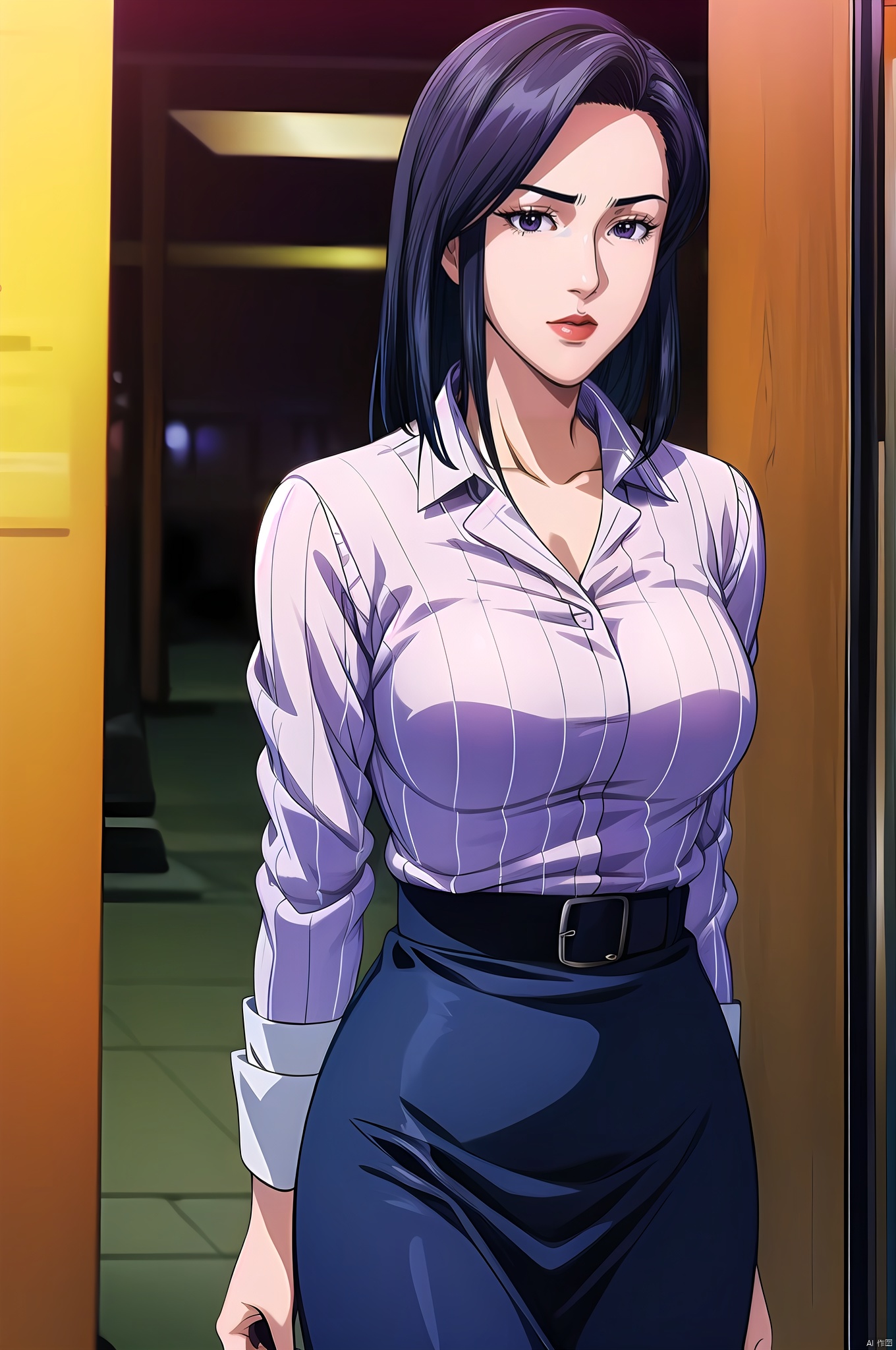 Saeko, 1girl, solo, skirt, black hair, bag, slippers, pencil skirt, sleeves rolled up, long hair, shirt, standing, cowboy_shot,nice hands, Beautiful long legs,  Beautiful body,  Beautiful character design, perfect balance,  looking at viewer,  closed mouth,  official art,  extremely detailed CG unity 8k wallpaper,  perfect lighting,  Colorful,  White skin,  (masterpiece:1),  (best_quality:1),  ultra high res,  4K,  ultra-detailed,  photography,  8K,  HDR,  highres,  absurdres:1.2,  Kodak portra 400,  film grain,  blurry background,  bokeh:1.2,  lens flare,  (vibrant_color:1.2),  professional photograph,  (beautiful_face:1.5),  (narrow_waist),  dark studio, , Saeko, dark studio