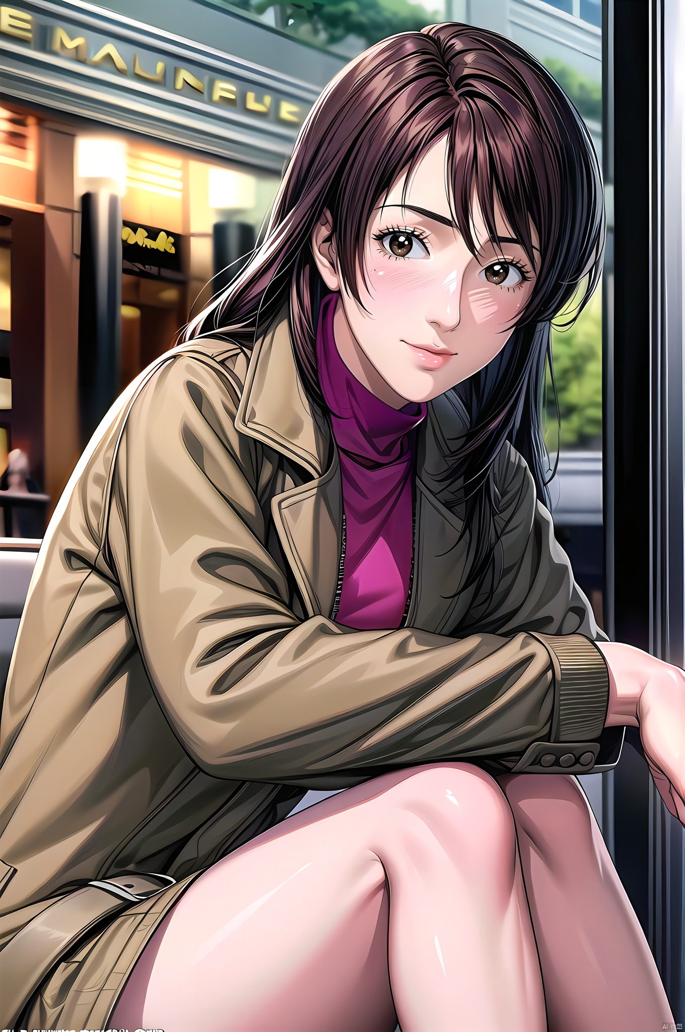 Xiangying, 1girl, long hair, turtleneck, brown hair, brown eyes, solo, coat, smile, jacket, solo focus, cowboy_shot,outdoors,(mall,sitting:1.5),nice hands, Beautiful long legs,  Beautiful body,  Beautiful character design, perfect balance,  looking at viewer,  official art,  extremely detailed CG unity 8k wallpaper,  perfect lighting,  Colorful,  White skin,  (masterpiece:1),  (best_quality:1),  ultra high res,  4K,  ultra-detailed,  photography,  8K,  HDR,  highres,  absurdres:1.2,  Kodak portra 400,  film grain,  blurry background,  bokeh:1.2,  lens flare,  (vibrant_color:1.2),  professional photograph,  (beautiful_face:1.5),  (narrow_waist),  dark studio, , Xiangying, dark studio