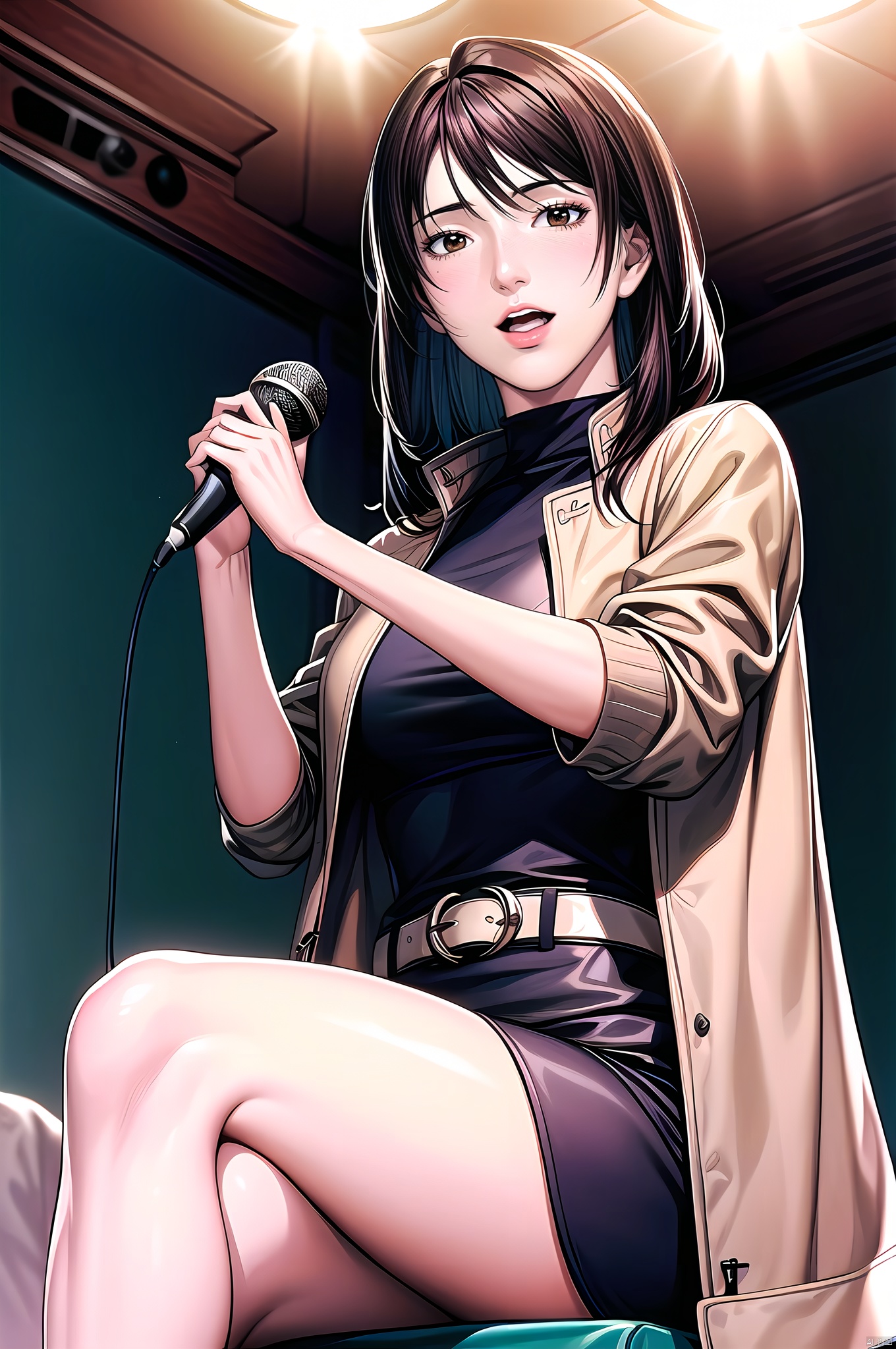 Xiangying, 1girl, long hair, turtleneck, brown hair, brown eyes, solo, coat, smile, jacket, solo focus, cowboy_shot,indoors,open_mouth,(KTV,KTV lighting,holding microphone:1.5),(singing,sitting:1.5),nice hands, Beautiful long legs,  Beautiful body,  Beautiful character design, perfect balance,  looking at viewer,  official art,  extremely detailed CG unity 8k wallpaper,  perfect lighting,  Colorful,  White skin,  (masterpiece:1),  (best_quality:1),  ultra high res,  4K,  ultra-detailed,  photography,  8K,  HDR,  highres,  absurdres:1.2,  Kodak portra 400,  film grain,  blurry background,  bokeh:1.2,  lens flare,  (vibrant_color:1.2),  professional photograph,  (beautiful_face:1.5),  (narrow_waist),  dark studio, , Xiangying, dark studio