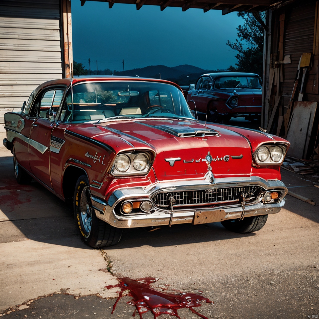  A photo realistic image of a complete rusted, four-door, (((blood red))), (((1958 Plymouth Fury))) in an old garage full of tools, night, focus on the intricate details of its faded paint job, the wear and tear on the tires, and the aged textures of the metal body. Use the multi-prompt "car::photorealistic::rust" with a prompt weighting of "rust" to emphasize the aged textures and worn out look of the car, car,photo r3al