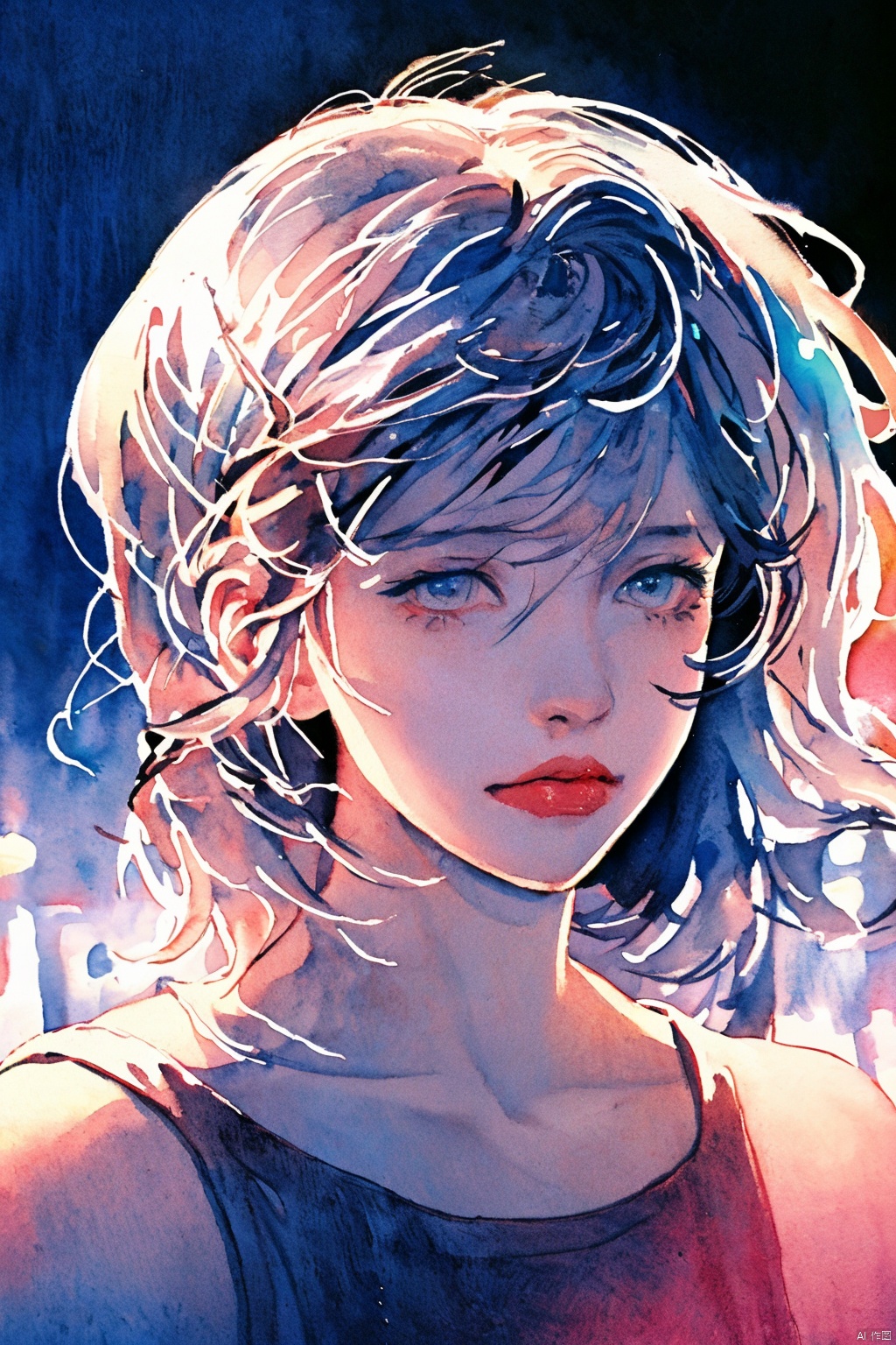  (8k, best quality, masterpiece:1.2),(best quality:1.0), (ultra highres:1.0), watercolor, a beautiful woman, shoulder, hair ribbons, by agnes cecile, half body portrait, extremely luminous bright design, pastel colors, (ink:1.3), autumn lights, watercolor