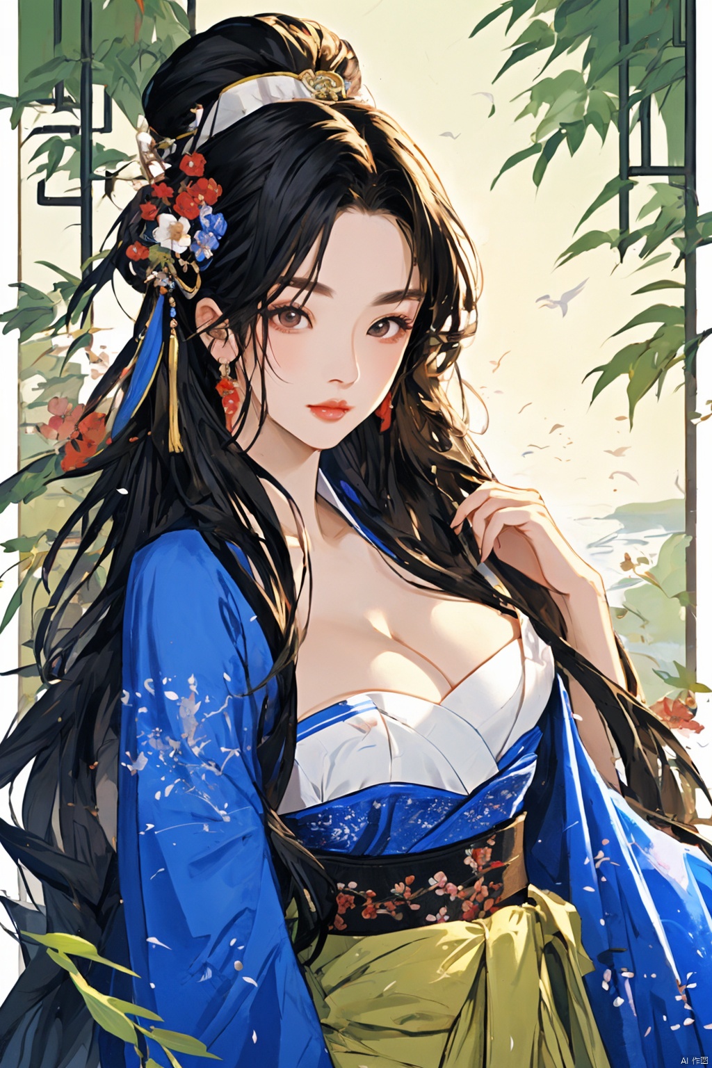  (Masterpiece:1.2, high quality),(pixiv:1.4),Eyebrows like willow leaves,The face is as beautiful as a flower,the eyes are tender. Small waist,big breasts,revealing cleavage; Lips slightly open,seductive expression.,girl,, mwuxia, mxianv
