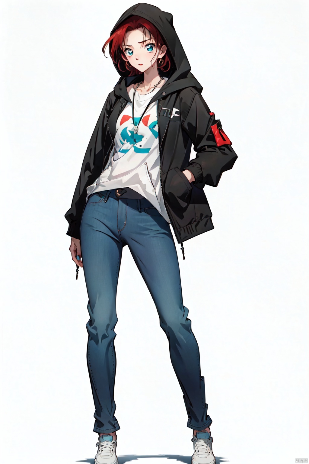  conan,1girl,solo,1girl, hood, solo, long hair, pants, jeans, denim, red hair, shoes, hood up, full body, black footwear, sleeves past wrists, bag, walking, simple background, hoodie, standing, white background, looking at viewer, necklace, long sleeves, jewelry, wavy hair,conan,HTTP,褰╄壊澶栧,澶栧, colors, backlight, ooyama Kazuha