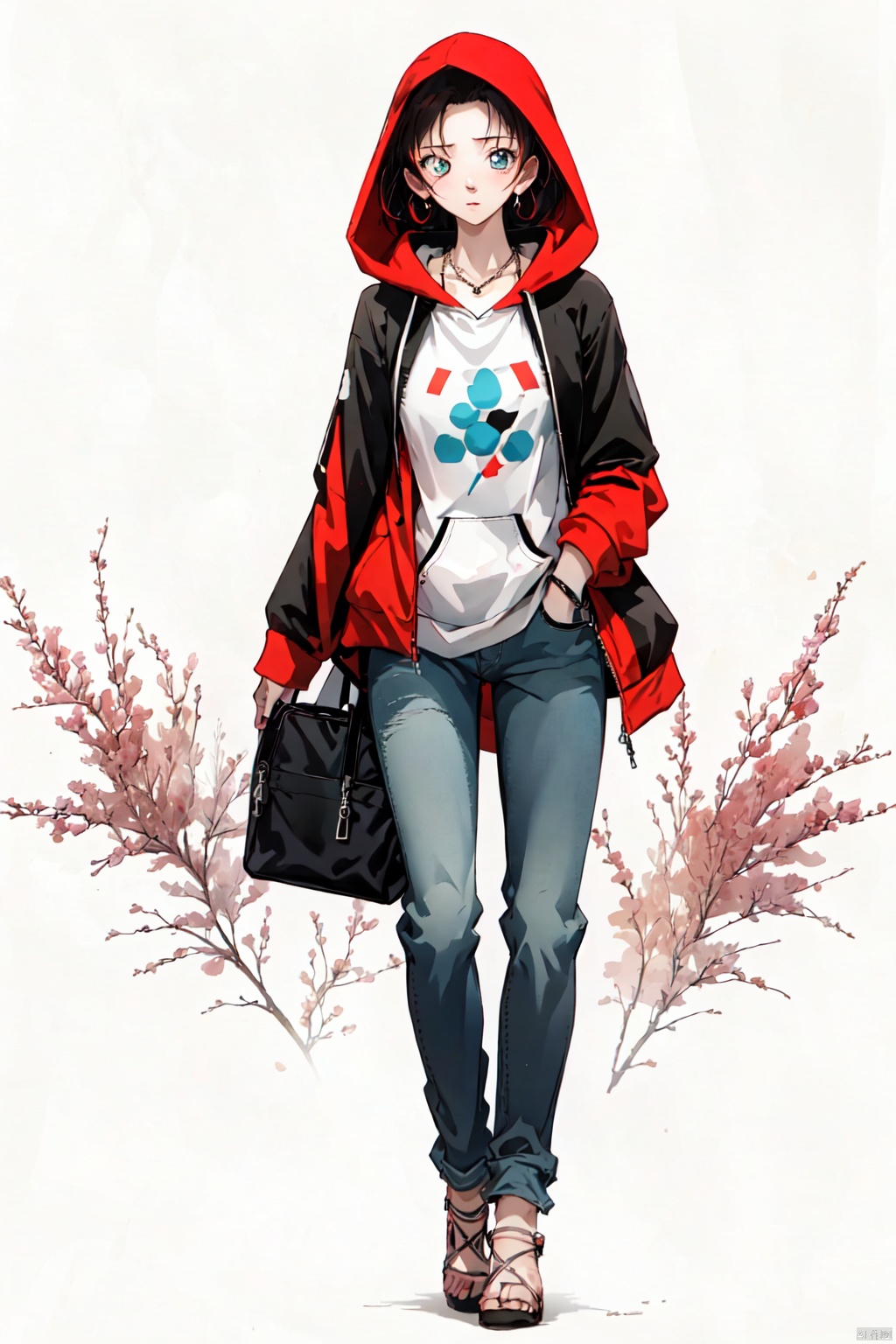 ooyama Kazuha, 1girl, solo, 1girl, hood, solo, long hair, pants, jeans, denim, red hair, shoes, hood up, full body, black footwear, sleeves past wrists, bag, walking, simple background, hoodie, standing, white background, looking at viewer, necklace, long sleeves, jewelry, wavy hair, conan, HTTP, 褰╄壊澶栧, 澶栧, colors, backlight,ooyama Kazuha, 