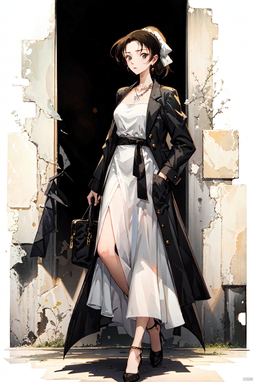 ooyama Kazuha,headband,high ponytail,1girl, solo,solo, long hair, wedding_dress,backless_dress,shoes,full body, black footwear,mini hand bag, walking, simple background,standing, white background, looking at viewer, necklace, long sleeves, jewelry,HTTP, 褰╄壊澶栧, 澶栧, colors, backlight,ooyama Kazuha,