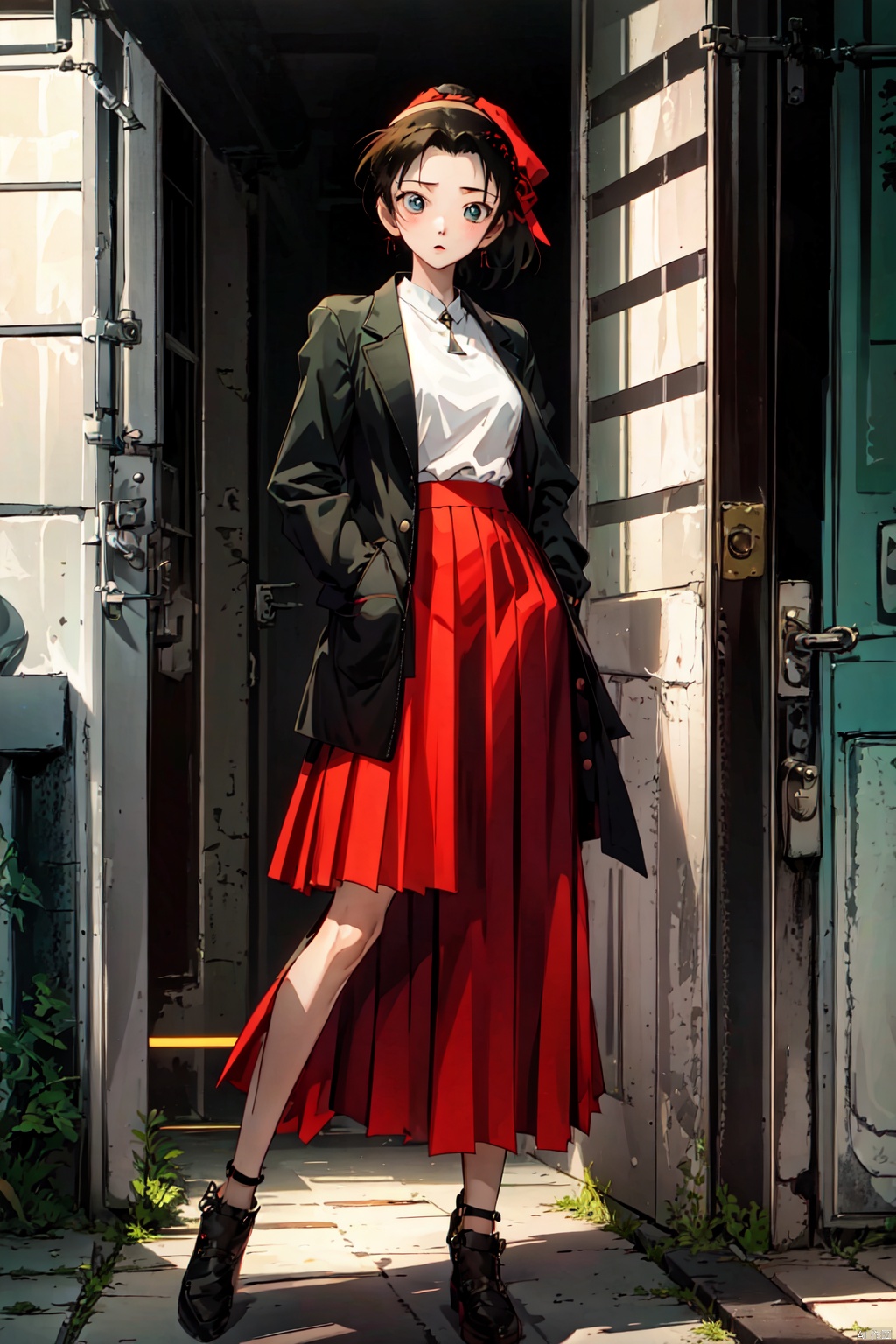  ooyama Kazuha,headband,high ponytail,1girl, solo,solo,pleated skirt, vest, long sleeves, looking at viewer, black hairsleeveless dress, ,HTTP,褰╄壊澶栧,澶栧, colors, backlight,ooyama Kazuha,
