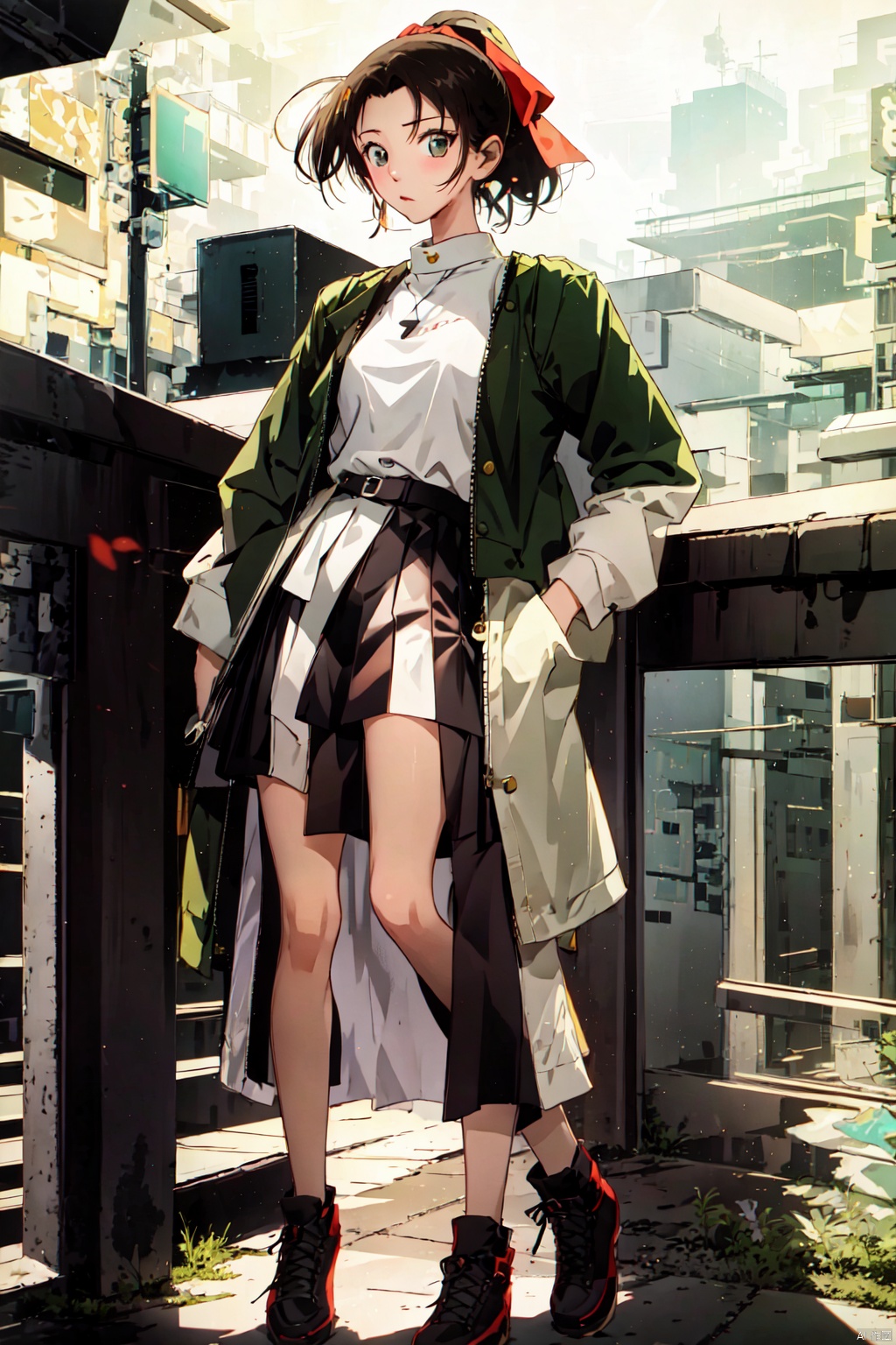 ooyama Kazuha,headband,high ponytail,1girl, solo,solo,pleated skirt, vest, long sleeves, looking at viewer, black hairsleeveless dress, ,HTTP, 褰╄壊澶栧, 澶栧, colors, backlight,ooyama Kazuha,