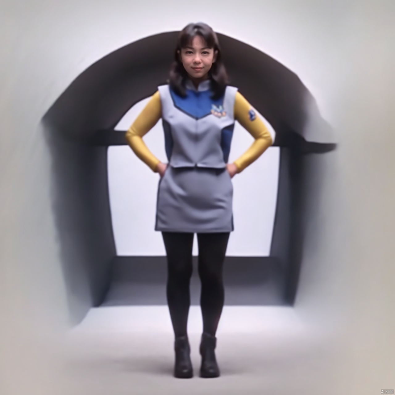 (masterpiece:1.3),(the best quality:1.2),(super fine illustrations:1.2),(Masterpiece),high quality,high detail,(white background:1.2),looking at viewer,(SOLO:1.4),outline,simple background,fullbody,, uniform,skirt,sleeveless,jacket,logo,emblem,black legwear,thighband pantyhose,