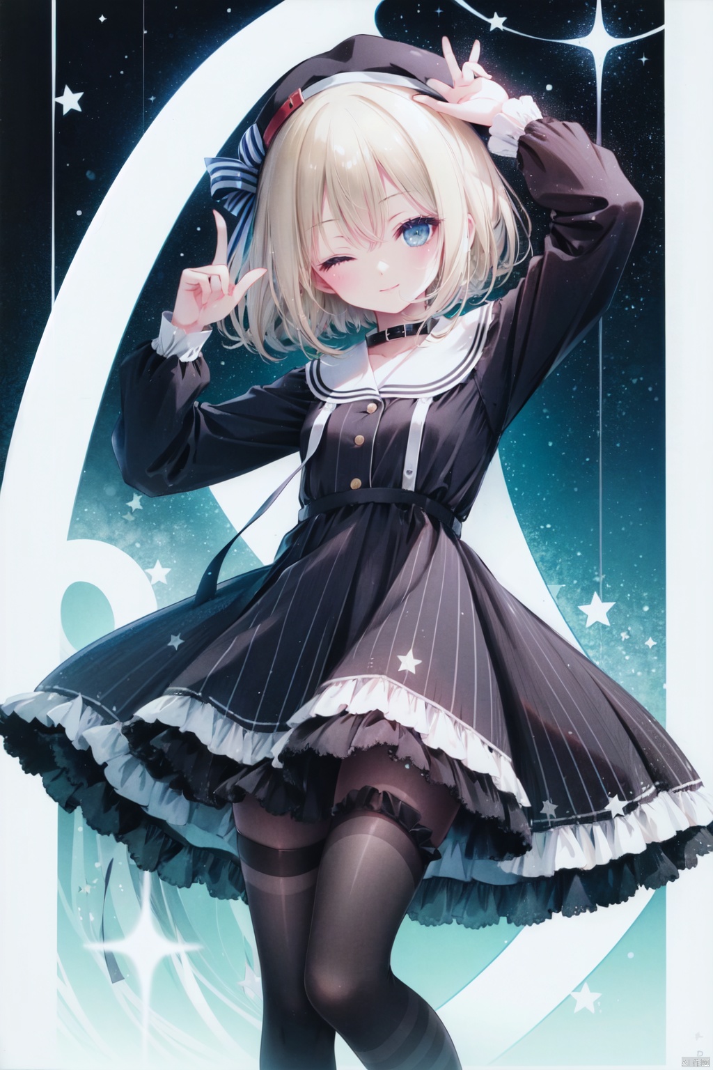 1girl, solo, one eye closed, blonde hair, dress, ;\), smile, hat, striped, shoes, striped dress, long sleeves, black dress, star \(symbol\), blush, underwear, black footwear, mary janes, bangs, looking at viewer, vertical-striped dress, finger to mouth, index finger raised, pantyhose, closed mouth, armband, bloomers, short hair, hair between eyes, blue eyes, vertical stripes, black pantyhose, arm up