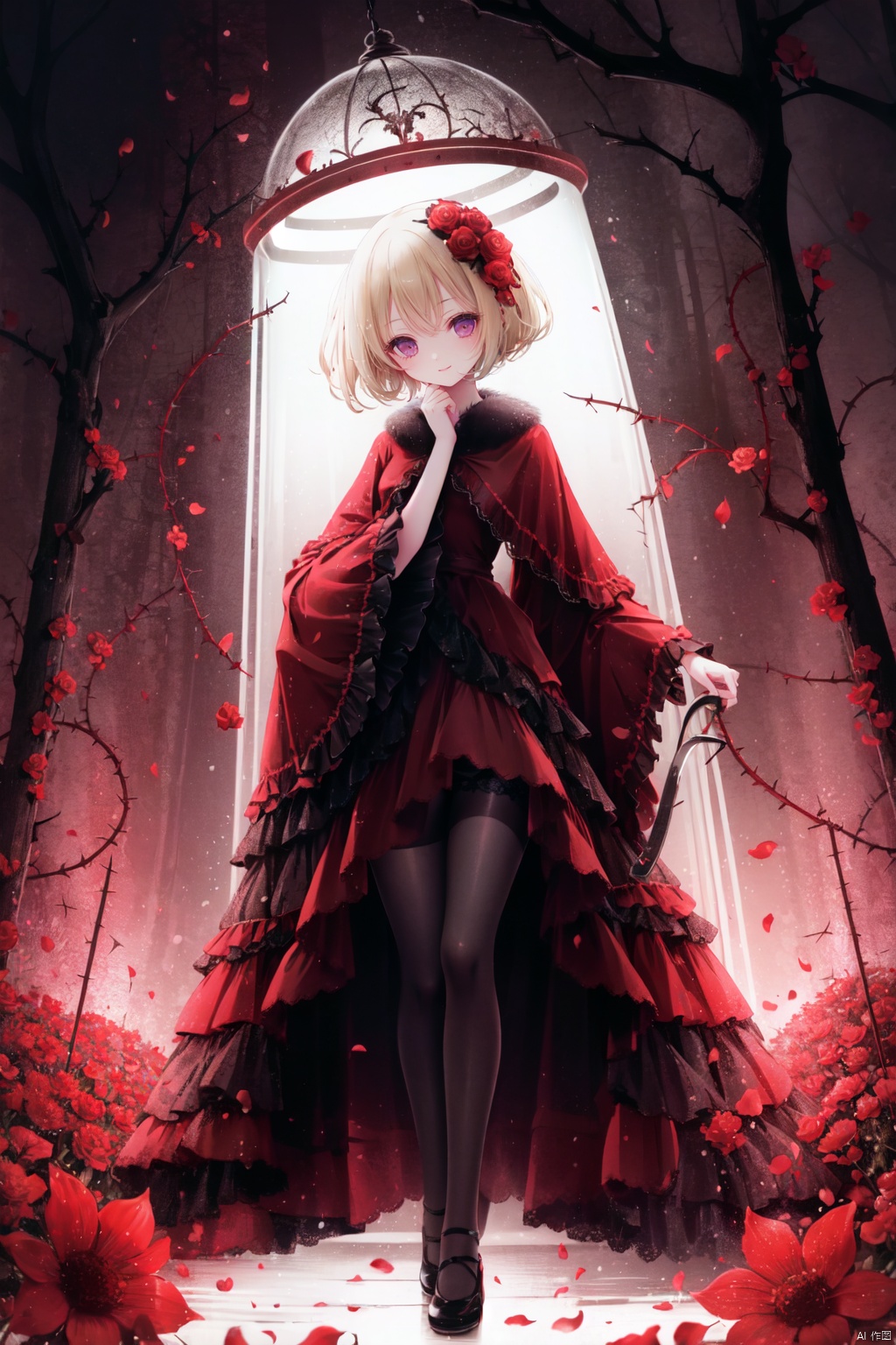 1girl,short hair,blonde hair,red gothic clothes,red flowers,yellow flowers,thistles, thorns,forest,(gloomy,no light),(in cage),big red bowknot,(full body,wide shot,panorama), mfotou, backlight