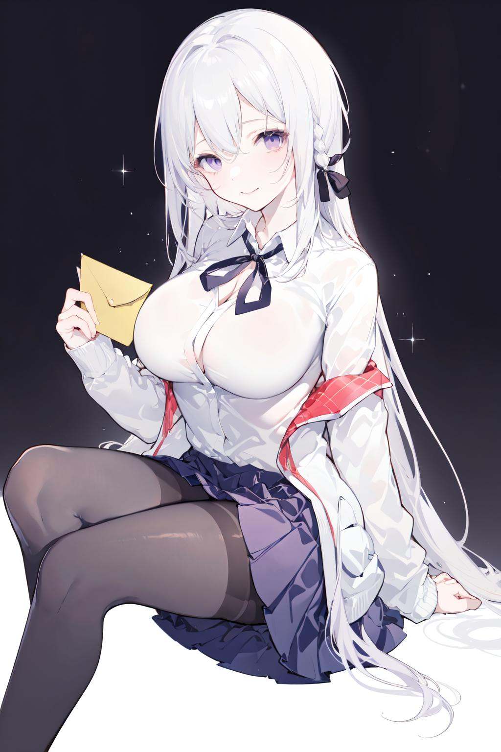 (masterpiece:1.2),best quality,PIXIV,spotless white,1girl,long hair,solo,skirt,purple eyes,pantyhose,white background,simple background,looking at viewer,sitting,pleated skirt,white hair,breasts,shirt,very long hair,smile,black pantyhose,white shirt,long sleeves,bangs,ribbon,black ribbon,holding,hair between eyes,neck ribbon,feet out of frame,closed mouth,invisible chair,grey skirt,braid,school uniform,cardigan,large breasts,holding envelope,envelope,letter,<lora:spotless white_20240109112123:0.8>,