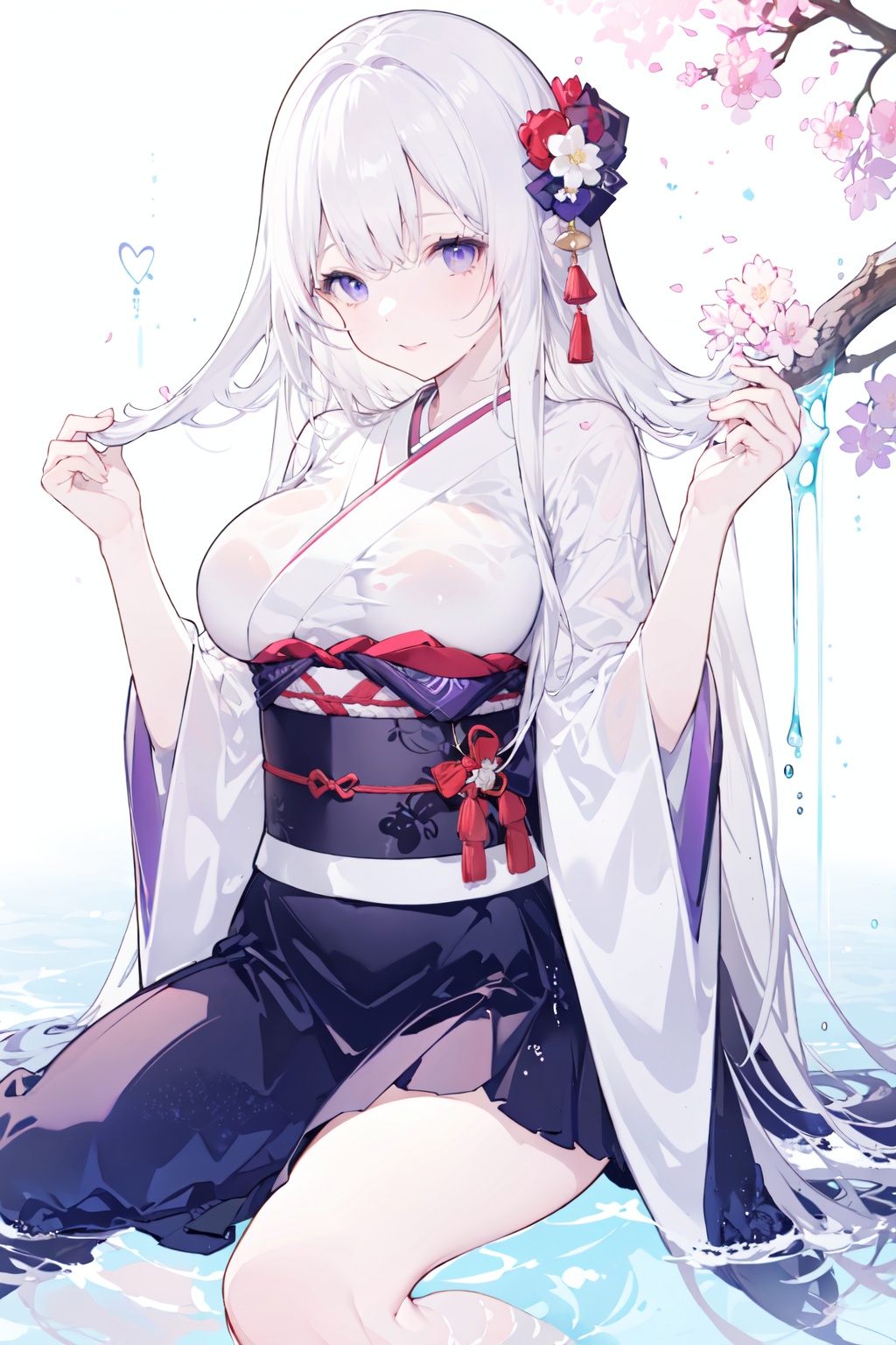 -1girl, long hair, solo, breasts, japanese clothes, flower, blue eyes, sitting, see-through, water, purple eyes, kimono, very long hair, wet clothes, white background, white hair, wide sleeves, wet, looking at viewer, bangs, large breasts, skirt, long sleeves,<lora:spotless white_20240109112123:0.8>,spotless white,