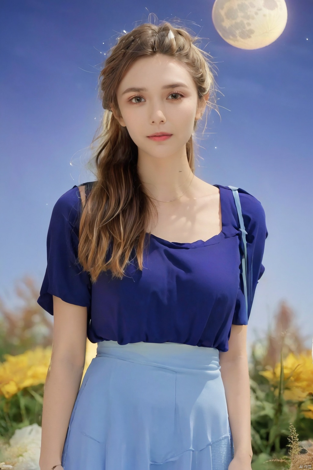 1 girl,  purple hair,  (brown eyes),  (extremely exquisite and beautiful),  ((purple and blue clothes)), meteor,  meteor shower,  (super large moon),  (blue moon),  comet,  flower sea,  many flowers,  flower sea facing the audience,  front,  solo,  butterfly,  flying butterfly,  There are many butterflies, butterfly hair flower,  perspective,  half skirt,  dreamy light,  (8k,  RAW photo,  best quality,  masterpiece: 1.2),  (realistic,  photo fidelity: 1.3),  Ultra fine,  ultra fine cg 8k wallpaper,  (crystal textured skin: 1.2),  Elizabeth Olsen,<lora:EMS-248443-EMS:0.200000>,<lora:EMS-249917-EMS:0.200000>,<lora:EMS-250605-EMS:0.400000>,<lora:EMS-261148-EMS:1.000000>