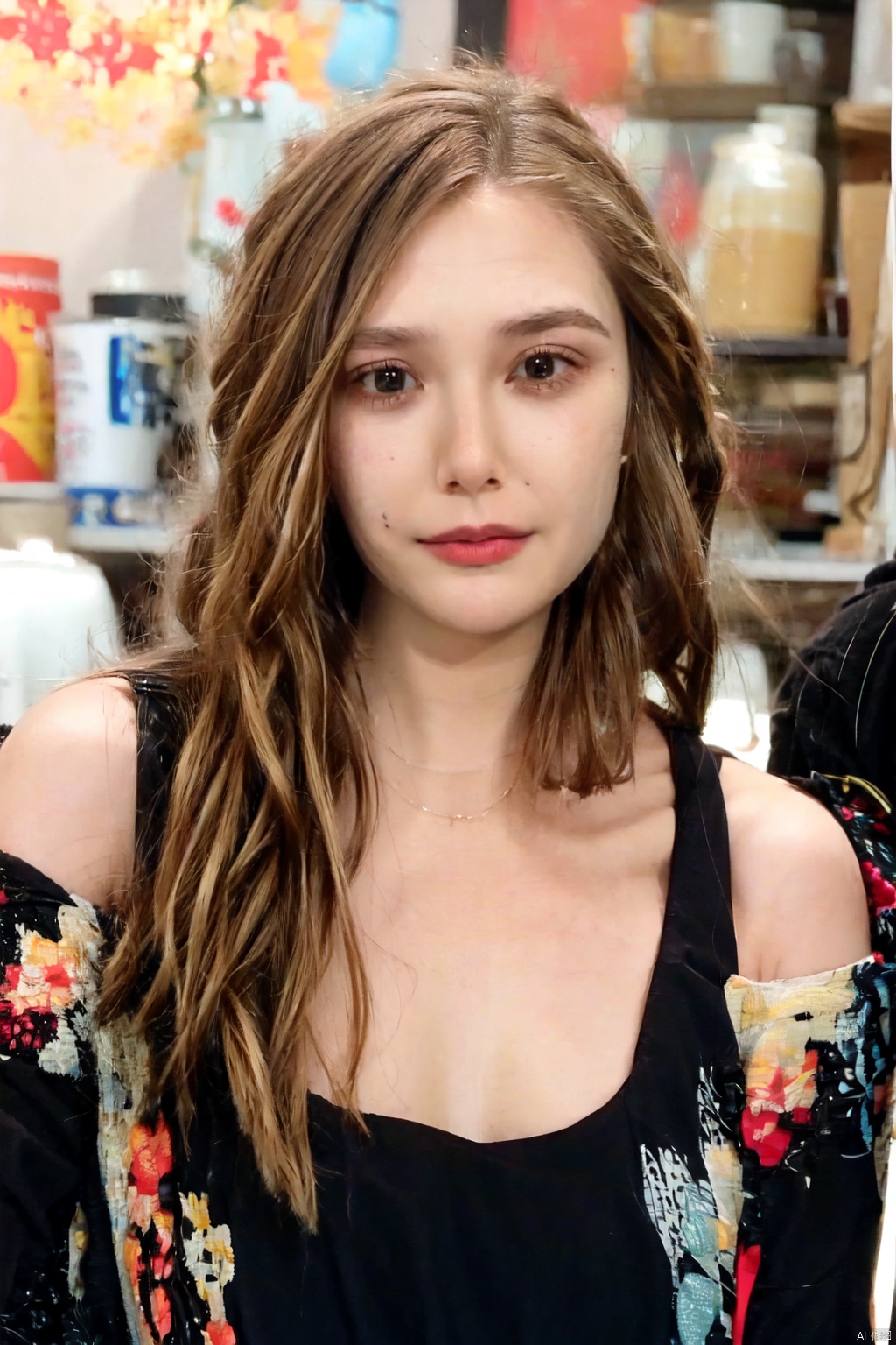 1 girl, black hair, fat face, realism, simple_background, 1girl,  depth of field,  lau,  film grain,  Hourglass body shape,  Elizabeth Olsen,<lora:EMS-261071-EMS:0.200000>,<lora:EMS-261148-EMS:0.300000>,<lora:EMS-261195-EMS:0.900000>