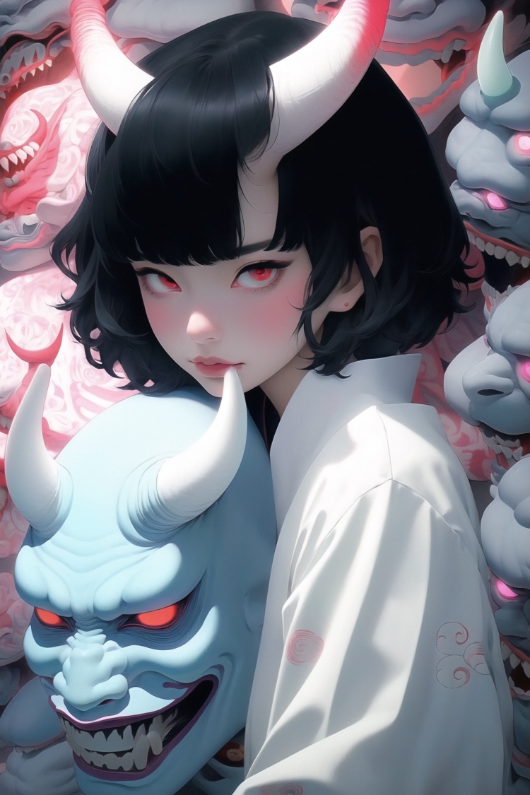 qzqzz, 1girl, horns, black hair, looking at viewer, red eyes, short hair, solo, mask, japanese clothes, oni, closed mouth, oni mask, upper body, kimono, lips, oni horns, bangs, glowing eyes, glowing, floral print, teeth,<lora:qzqzz-000020:1>,, masterpiece, best quality,