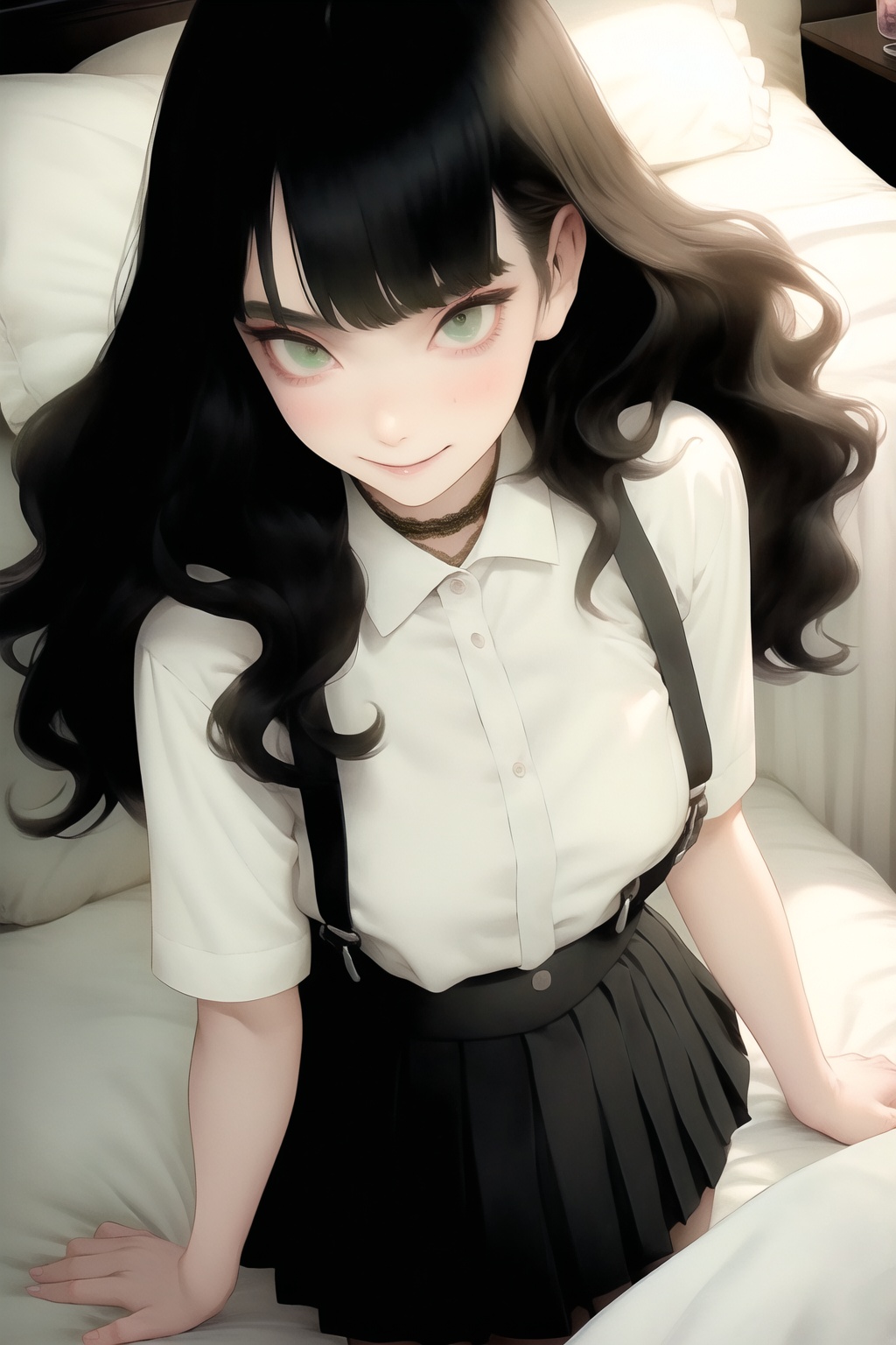 qzqzz,1girl,black hair,solo,long hair,grey eyes,looking at viewer,wavy hair,shirt,bangs,<lora:qzqzz-000020:1>,curvy,soxy,on bed,wide_shot,panorama,a captivating expression,orgasmic expression,fur \(clothing\),lace-trimmed legwear,lie in bed,(suspender_skirt:1.2),rouge,best quality,(1girl, solo, ***** female, mature female) ,green eyes,SlimeC,pink skin,transparent,dripping skin,horny,bedroom eyes,looking at viewer,smile,, masterpiece, best quality,
