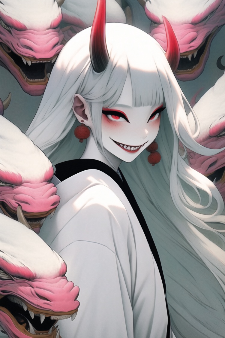 qzqzz,1girl,long hair,solo,white hair,jewelry,red eyes,earrings,smile,looking at viewer,teeth,oni,japanese clothes,upper body,kimono,from side,white kimono,colored skin,grin,sharp teeth,oni horns,looking to the side,<lora:qzqzz-000020:1>,leviathan \(the seven deadly sins\),, masterpiece, best quality,