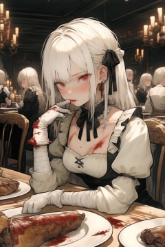 qzqzz, food, candle, multiple girls, blood, white hair, earrings, jewelry, wine glass, drinking glass, ribbon, table, looking at viewer, hair ribbon, dress, 2girls, long hair, solo focus, plate, indoors, wine, red eyes, meat, maid, long sleeves, black ribbon, bangs, white dress, sitting, chair, white gloves, blush, gloves, alcohol, cup, bandages, candlestand, frills, knife, bow, apron,<lora:qzqzz-000020:1>,, masterpiece, best quality,
