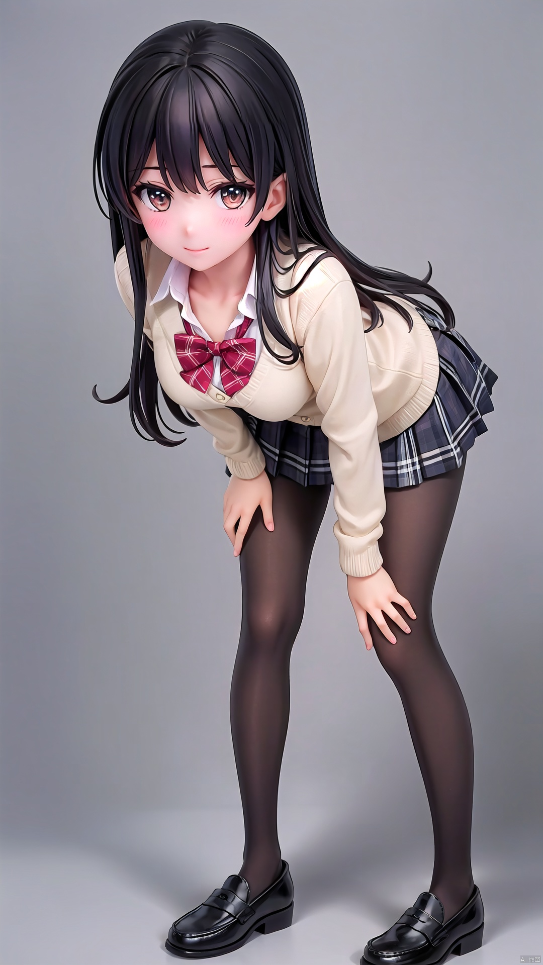  1girl, solo, pantyhose, skirt, long hair, loafers, shoes, simple background, school uniform, brown eyes, plaid, black pantyhose, plaid skirt, looking at viewer, black hair, pantyhose pull, full body, clothes pull, black footwear, pleated skirt, leaning forward, bangs, long sleeves, bent over, cardigan, bow, bowtie, standing, closed mouth, pulled by self, grey background, blush, miniskirt, red bow, sweater, **********, backlight, panties under pantyhose