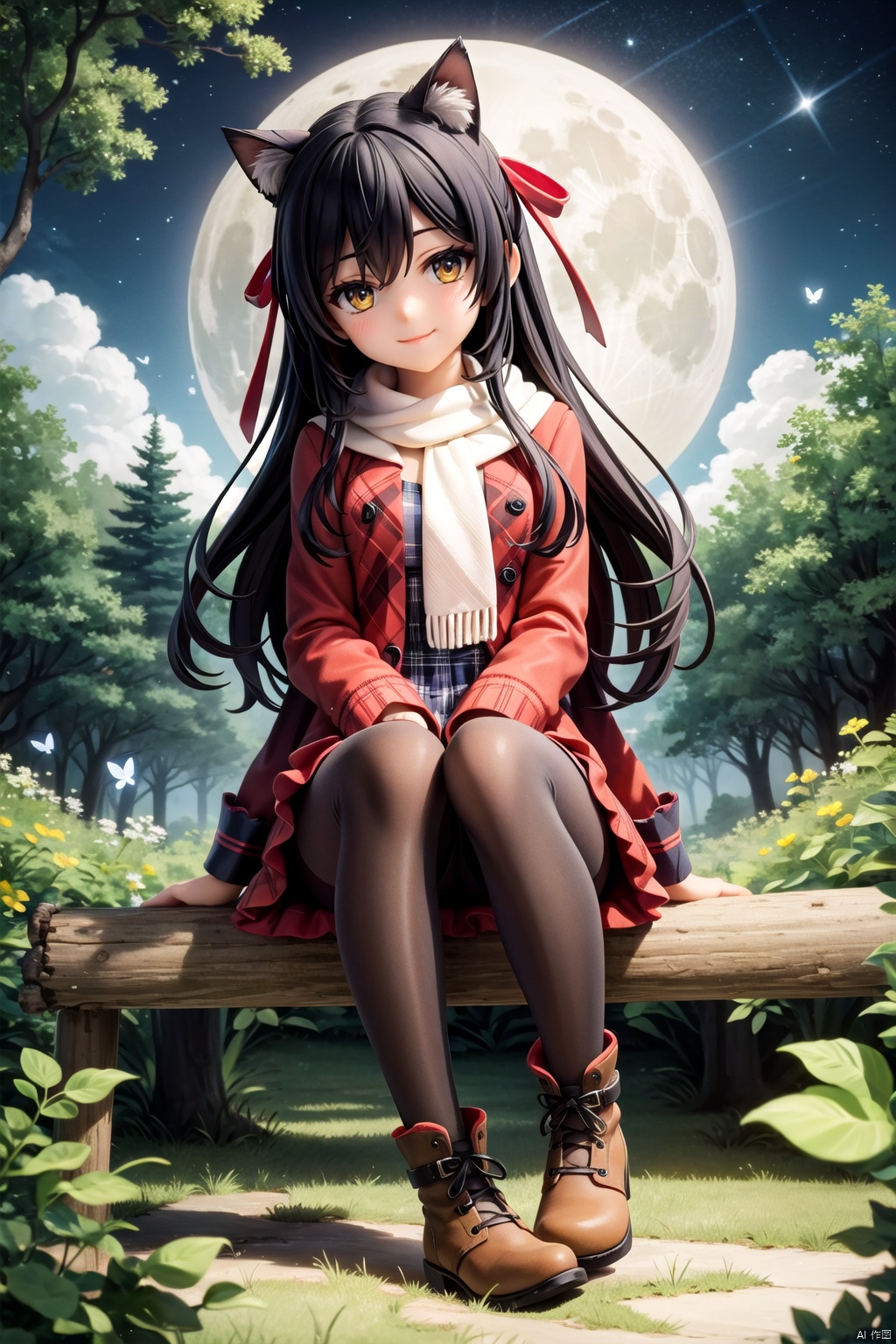  1girl, cat, solo, long hair, pantyhose, scarf, black hair, butterfly, sitting, nature, bug, argyle, night, forest, tree, moon, breath, smile, yellow eyes, hair bow, boots, bow, dress, full moon, brown eyes, black pantyhose, argyle legwear, hair ribbon, ribbon,half closed Eyes, backlight, msn, colors