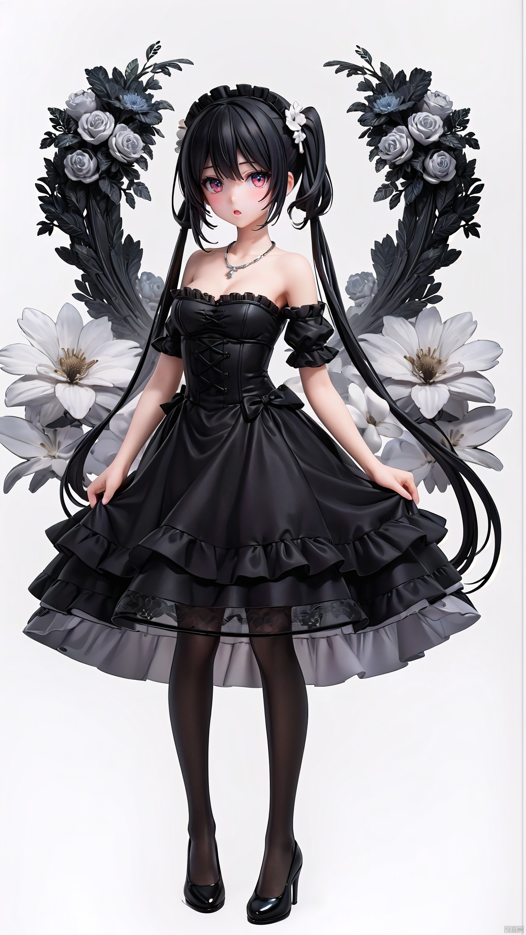  (black greyscale:1.2),(best quality),original,Perfect details,(ultra-detailed),illustration,(fantasy:1.1),(clear frame:1.1),(extremely detailed CG unity 8k wallpaper),(depth of field:0.66),(Livy Irwin),(full body:1.2333),((\\Black and White gradient color\\):1.2),(1girl:1.314),detailed face,(red eyes:1.233),(Smoky eye:1.2,dark eye circles:1.2)/=(black eyeshadow:1.34),(glowing eyes:1.133),(detailed eyes),(black hair:1.24),(very long hair),(messy hair:1.2),(low twintails, low tied:1.2),(strapless lace-trimmed lolita<Organza lace>),necklace,(light smile,closed mouth),plant,white flower,butterfly,white background,(sketch:1.35),(yubao:0.5), backlight, colors