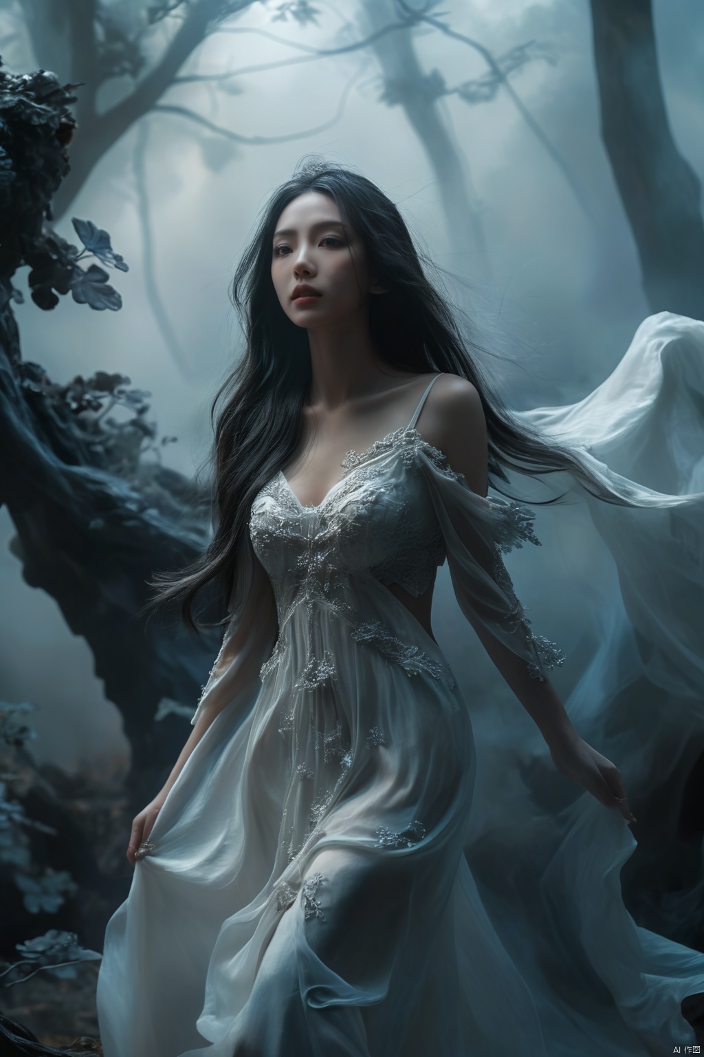  The Skeleton young Witch, flying, epoxy_skull, amidst a black swirling vortex in a dark, mystical forest. A beautiful woman with long hair stands, her figure draped in skeletal armor and an ethereal dress, engulfed by the swirling darkness. The scene is intensely cinematic, dominated by deep shadows pierced by subtle hints of light, crafting a dramatic interplay of darkness and luminescence. Wind, intensified to 1.2, weaves through the trees, enhancing her enigmatic silhouette, now surrounded by black smoke and the eye of a storm. Close-up on her sad expression, amidst sparkling embers and a billowing long piece of cloth,
, HUBG_Chinese_Jade