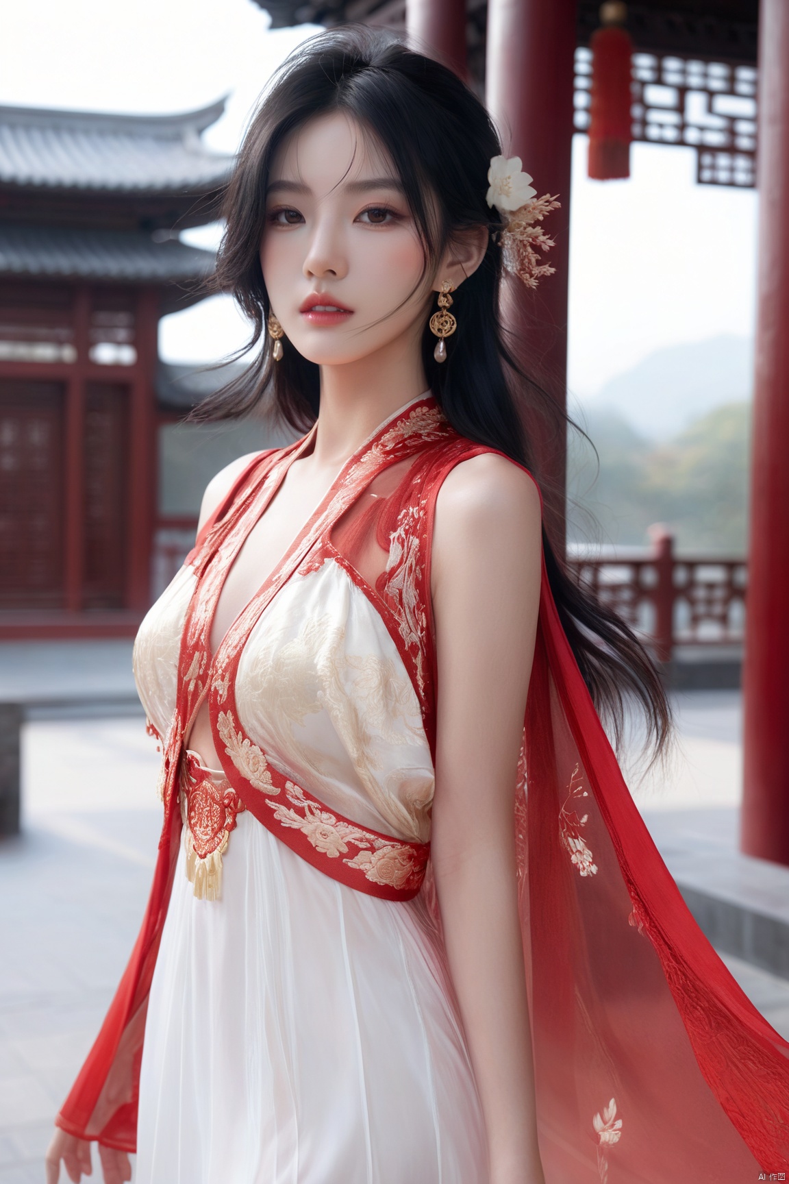 masterpiece,1girl,white dress,upper body,walking,looking at viewer, masterpiece,32k,extremely detailed CG unity 8k wallpaper, best quality, vibrant colors, break, china goddess, see through,1girl, long hair, black hair,dodger red see through clothes,gold dress,transparent shawl,1girl,red hanfu,earrings,best quality,masterpiece,RAW photo, detailed face, beautiful symmetrical face, cute natural makeup, sadness, feminine, highly detailed, oriental minimalism, subtle elegance, hd , in the style of elegant clothing, realistic yet ethereal, simplistic designs, oriental, whimsical shapes, serene harmony beautiful symmetrical face, elegant, feminine, highly detailed, intricate,best quality, ultra-detailed, masterpiece, hires, 8k,(photorealistic),transparent,skin white and smooth,transparent shawl,high heels,