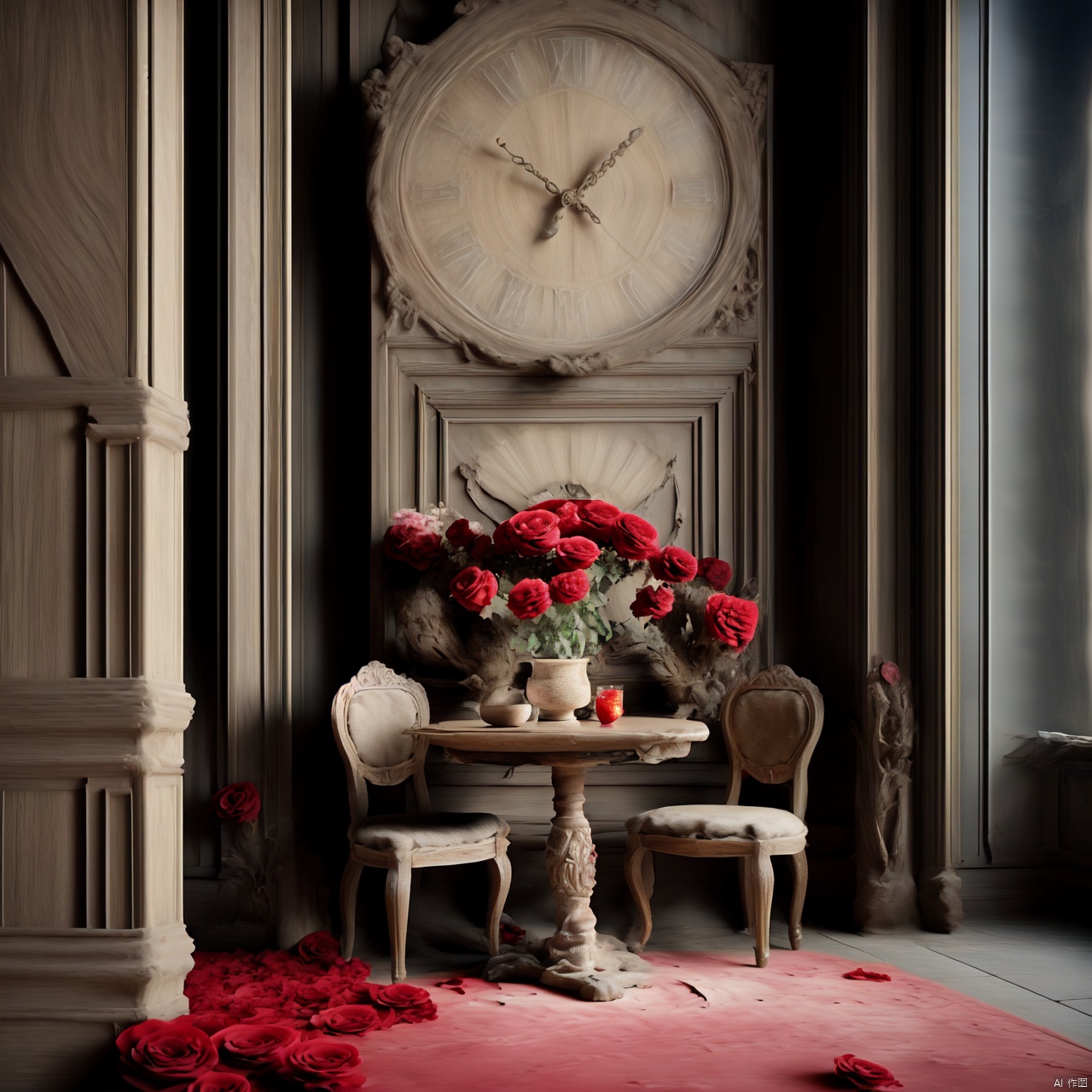 rose, retro,Rose, chair,European style,European Table,red rose,European decoration style,Ancient buildings,High definition, details, 4k, 1girl