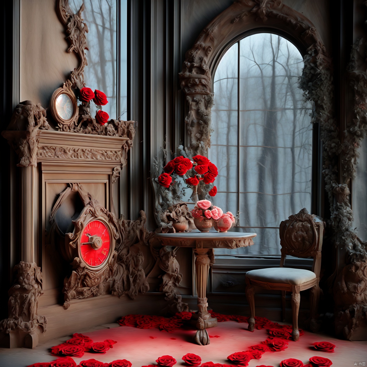  rose, retro,Rose, chair,European style,European Table,red rose,European decoration style,Ancient buildings,High definition, details, 4k, 1girl