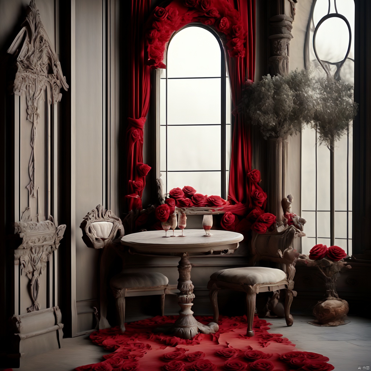  rose, retro,Rose, chair,European style,European Table,red rose,European decoration style,Ancient buildings,High definition, details, 4k, 1girl