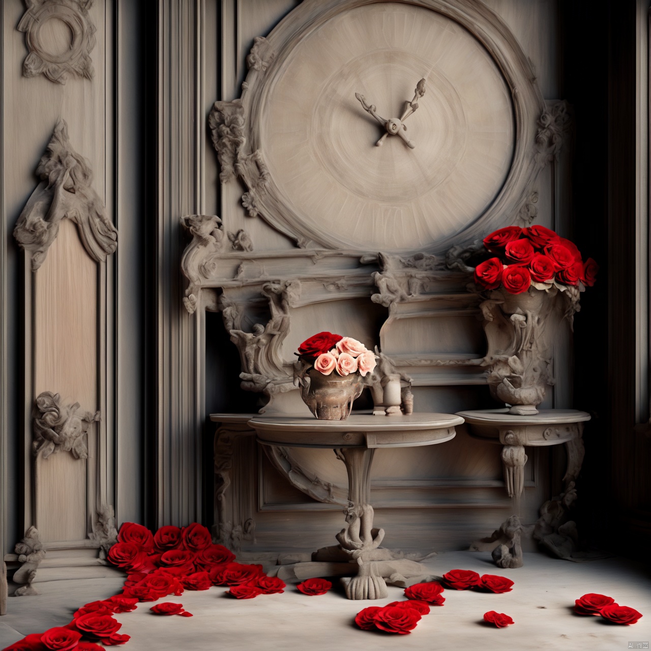  rose, retro,Rose, chair,European style,European Table,red rose,European decoration style,Ancient buildings,High definition, details, 4k, 1girl