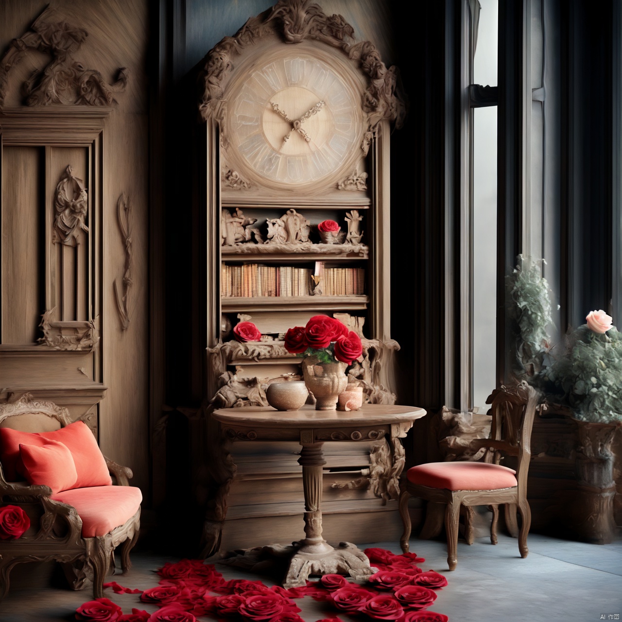  rose, retro,Rose, chair,European style,European Table,red rose,European decoration style,Ancient buildings,High definition, details, 4k, 1girl