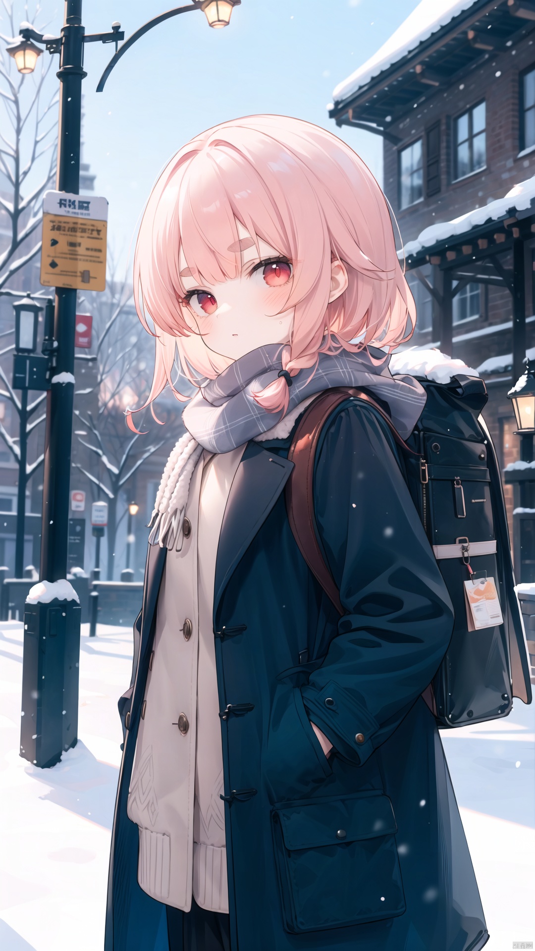 1girl, solo, scarf, white scarf, long hair, looking at viewer, braid, backpack, bangs, bag, coat, upper body, blush, thick eyebrows, winter clothes, red eyes, outdoors, blurry, breath, blurry background, hands in pockets, covered mouth, short eyebrows, winter, orange hair, hood, scarf over mouth, single braid, long sleeves, blunt bangs, black coat, pink hair, winter coat, red hair