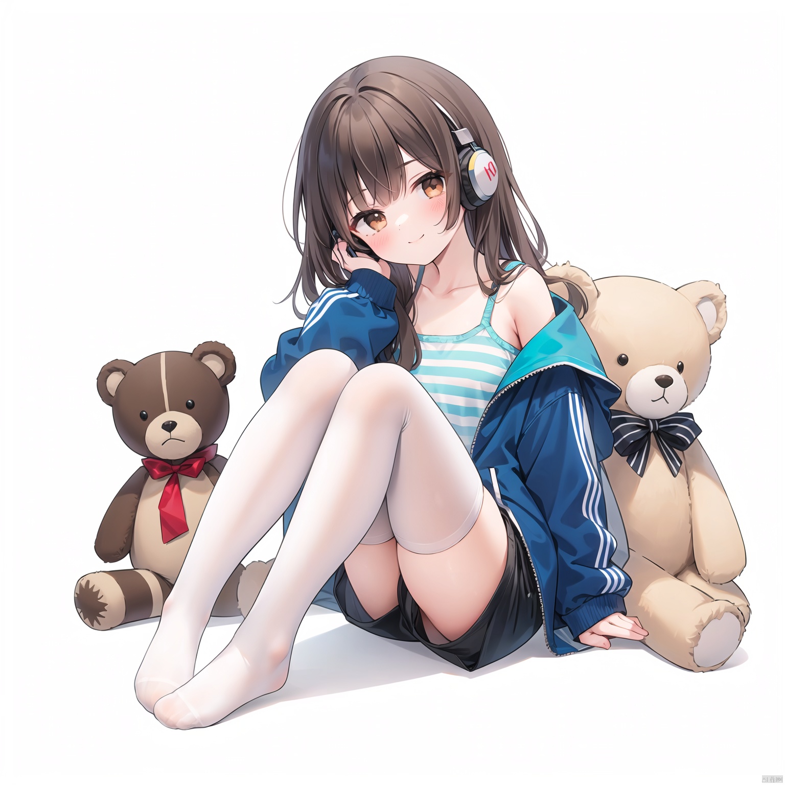1girl, teddy bear, solo, thighhighs, long hair, stuffed animal, stuffed toy, headphones, short shorts, no shoes, brown eyes, striped, shorts, jacket, sitting, very long hair, long sleeves, bangs, camisole, closed mouth, looking at viewer, black shorts, white background, striped thighhighs, blush, smile, knees up, open jacket, blue jacket, open clothes, brown hair, collarbone, simple background, bare shoulders, off shoulder, scissors, full body,