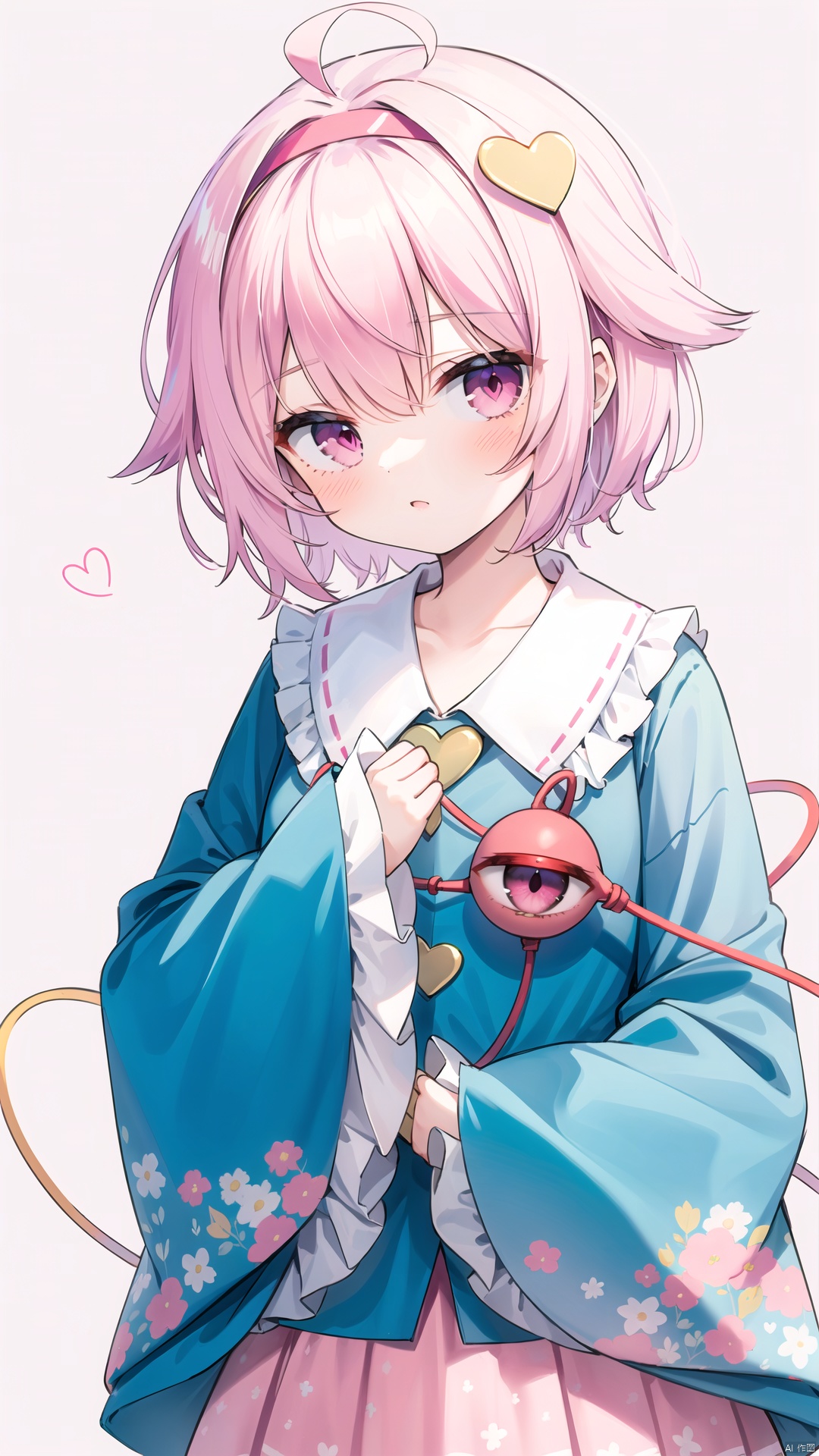 masterpiece, best quality, ,1girl,komeiji satori,ahoge, pink hair,pink eyes,short hair,hairband, frilled shirt collar,blue shirt,pink skirt,floral print,long sleeves, wide sleeves, sleeves past wrists,heart, third eye, grey background,
