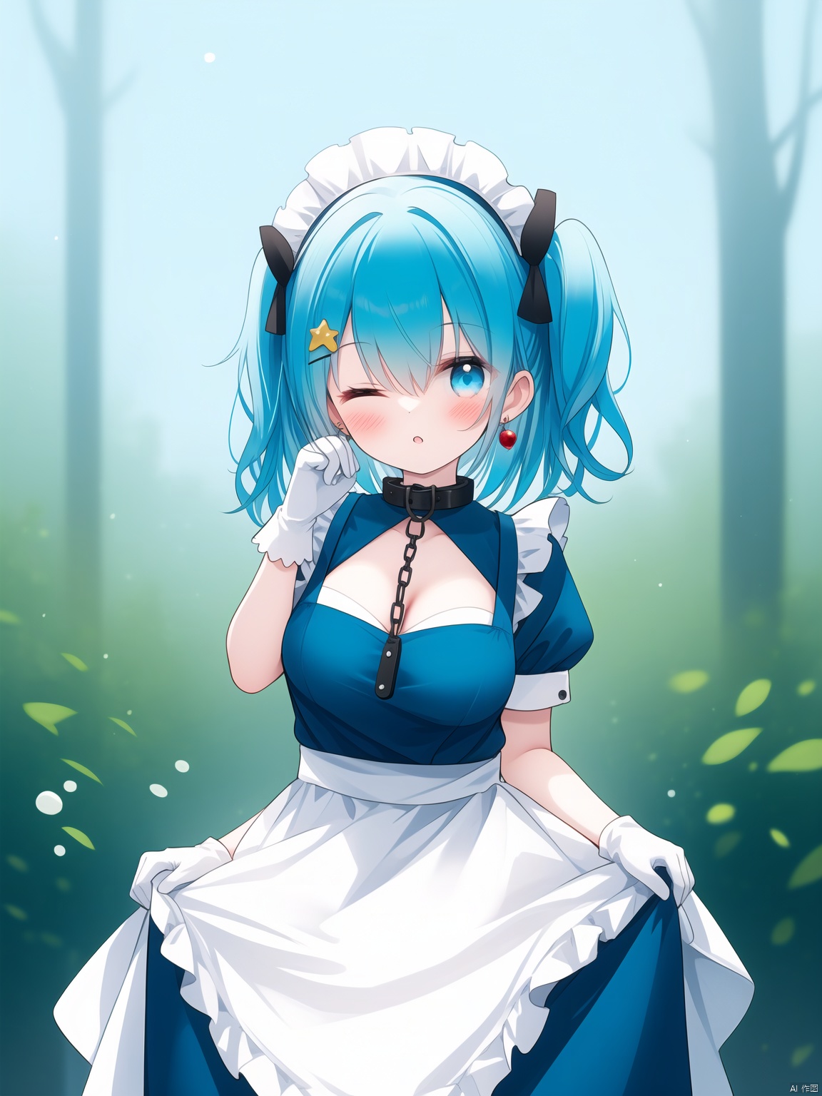 (masterpiece), (best quality), illustration, ultra detailed, hdr, Depth of field, (colorful),loli,[Artist:wlop],[[Artist:sheya]],Artist:hiten_(hitenkei),Artist rurudo, 1girl, solo, gloves, white gloves, one eye closed, maid headdress, apron, collar, breasts, short sleeves, dress, long hair, hair ornament, maid, blush, puffy sleeves, earrings, jewelry, blue eyes, medium breasts, puffy short sleeves, page number, collarbone, blue hair, parted lips, green dress, looking at viewer, chain, simple background, hand up, cleavage, white background, leash, hair between eyes, waist apron, crescent, frills, skirt hold, white apron, crescent hair ornament, blurry foreground, two side up