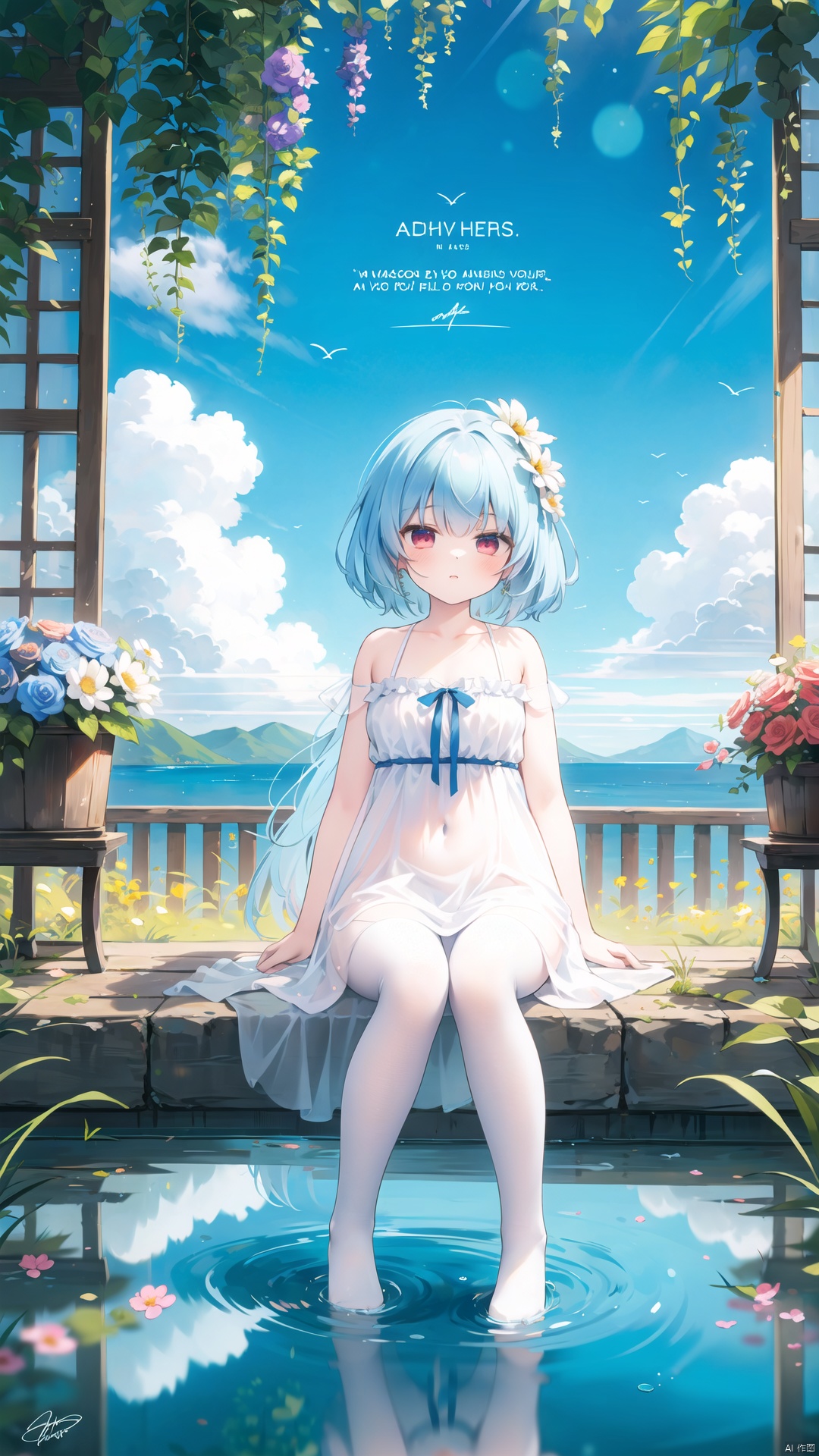 best quality, masterpiece, illustration, (reflection light), incredibly absurdres, (Movie Poster), (signature:1.3), (English text:1.3), 1girl, girl middle of flower, pure skyblue hair, red eyes, clear sky, outside, collarbone, loli, sitting, absurdly long hair, clear boundaries of the cloth, white dress, fantastic scenery, ground of flowers, thousand of flowers, colorful flowers, flowers around her, various flowers, , white pantyhose