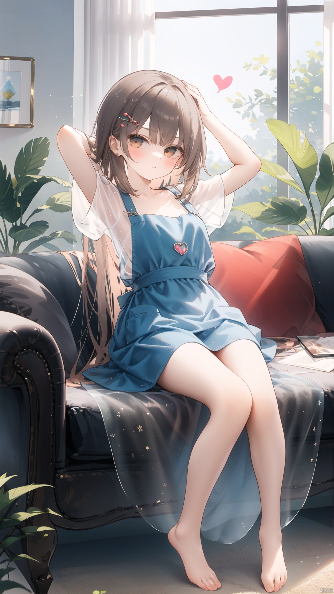 1girl, solo, long hair, couch, barefoot, hair ornament, arms up, short sleeves, sitting, looking at viewer, bangs, on couch, very long hair, indoors, closed mouth, heart print, brown eyes, heart, hairclip, apron, puffy sleeves, collarbone, blush, blue skirt, brown hair, blue dress, puffy short sleeves, see-through, shirt, skirt, plant, sparkle, dress, full body, see-through sleeves, nai3