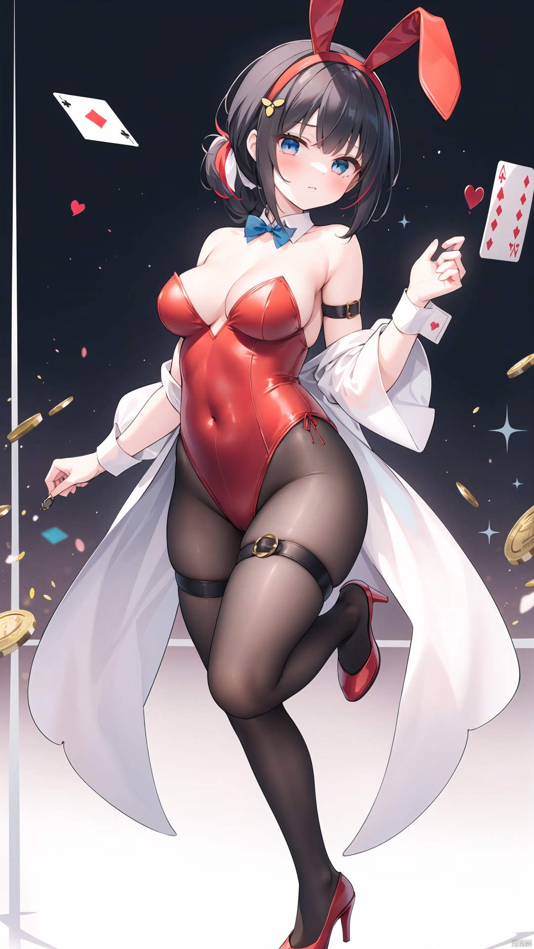  (masterpiece),(best quality),illustration,ultra detailed,hdr,Depth of field,(colorful),1girl, solo, breasts, pantyhose, animal ears, card, rabbit ears, leotard, fishnets, playboy bunny, long hair, red footwear, red hair, multicolored hair, playing card, hair ornament, blue eyes, black hair, looking at viewer, fishnet pantyhose, fake animal ears, high heels, detached sleeves, ponytail, red leotard, two-tone hair, butterfly hair ornament, very long hair, cleavage, bare shoulders, holding, bowtie, large breasts, bow, heart, detached collar, strapless leotard, covered navel, closed mouth, wrist cuffs, jewelry, frills, hand up, holding card, strapless, leg up, standing, coin, poker chip, standing on one leg, hairband, necklace, thigh strap, sidelocks, blush, medium breasts