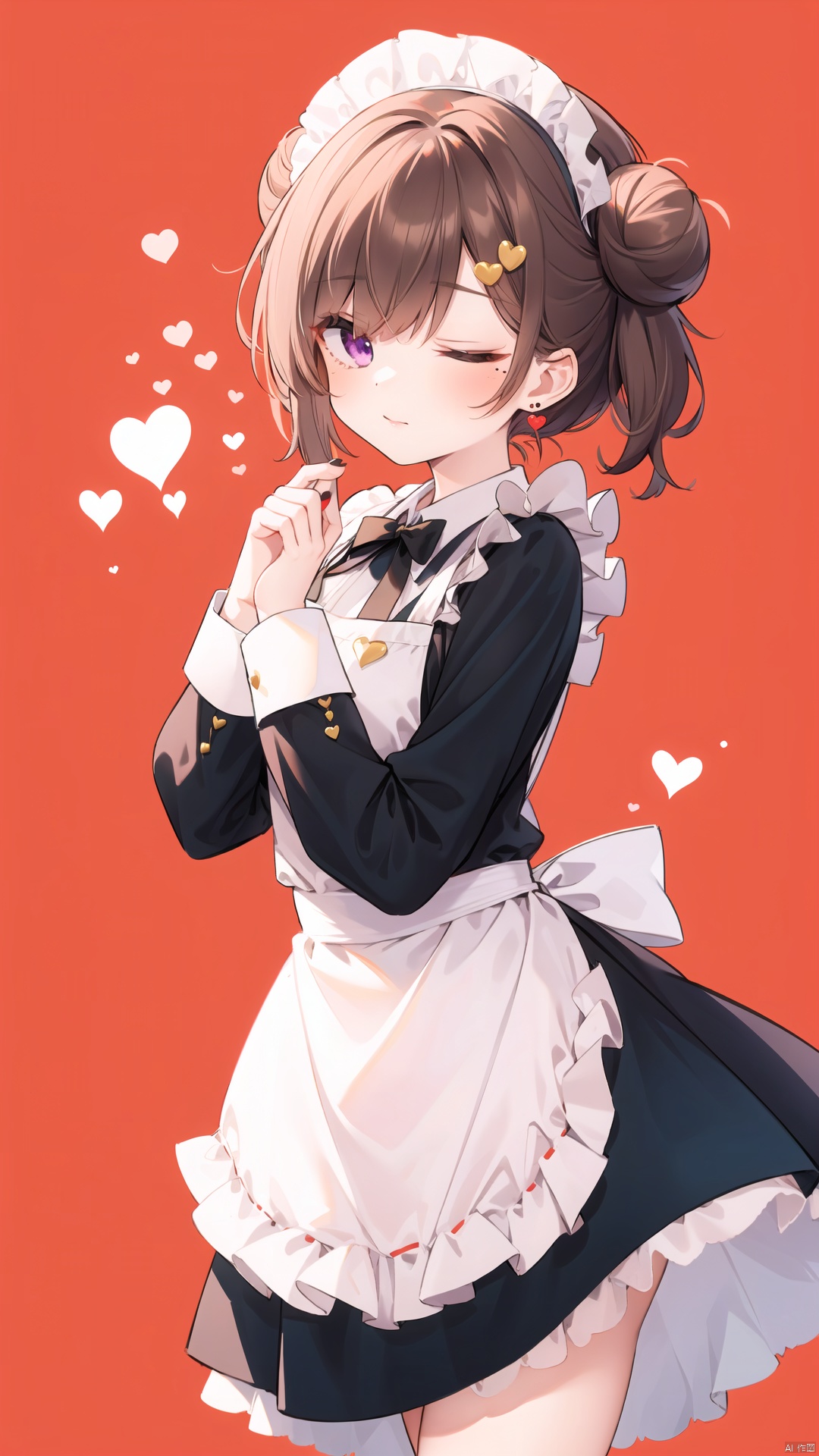 1girl, solo, heart hands, higuchi madoka, hair bun, mole under eye, brown hair, one eye closed, heart, maid, double bun, red background, purple eyes, mole, hair ornament, apron, earrings, maid headdress, looking at viewer, jewelry, simple background, alternate costume, maid apron, hairclip, enmaided, long sleeves, dress, black dress, white apron, nail polish, bangs, cross, frills