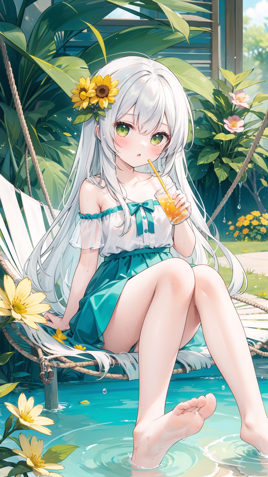 1girl, solo, flower, long hair, drinking straw, hair flower, hair ornament, very long hair, barefoot, yellow flower, red flower, blush, soles, holding, water, looking at viewer, bug, cup, wings, collarbone, bangs, crazy straw, butterfly, white hair, sitting, green eyes, holding cup, bow, hammock, bare shoulders,