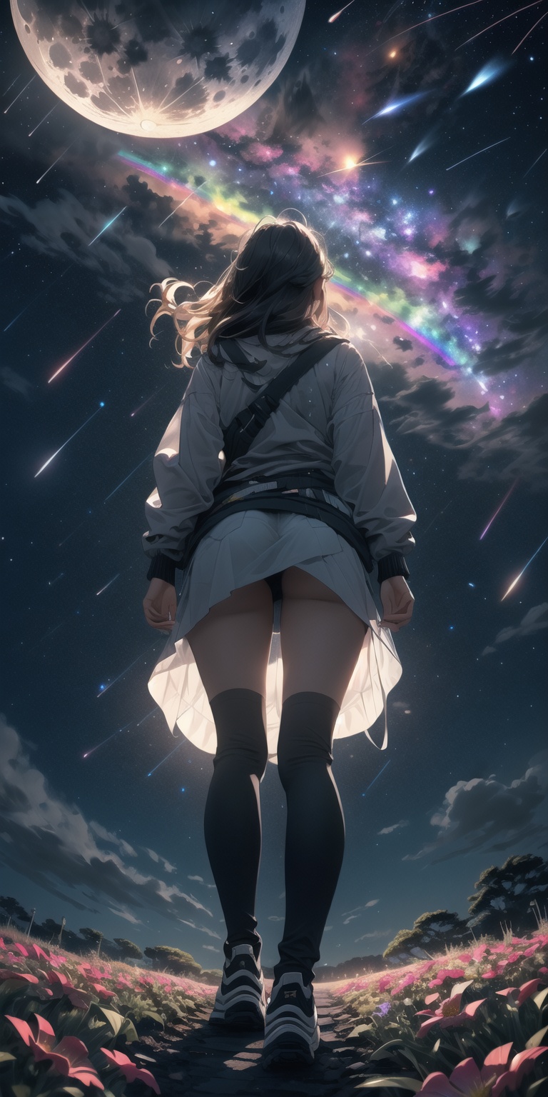 (bottom view),  girl standing in a flower field looking up (full moon),  (shooting stars) on Tensor.Art