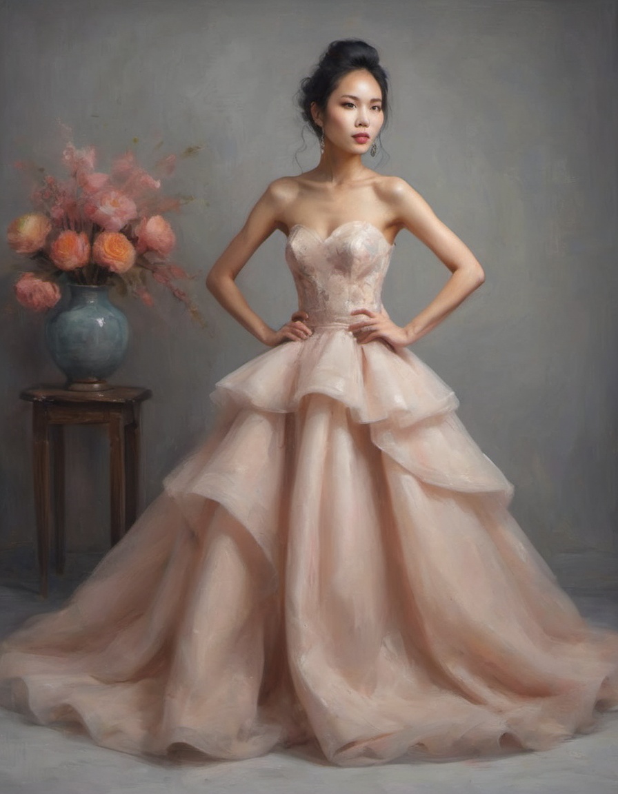 bright portrait of a beautiful Asian model in haute couture gown with simplified bright background on Tensor.Art