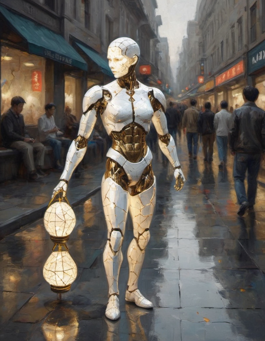 an android made of reflective chrome and cracked white porcelain kintsugi beautiful lighting background busy street sidewa...