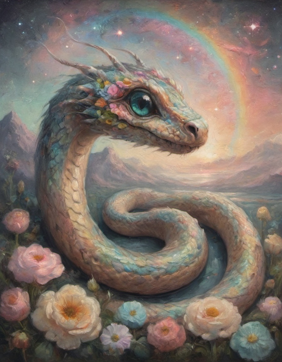 bright atmospheric painting of a hauntingly beautiful pale pastel rainbow scaled sky serpent with huge watery sorrowful ey...